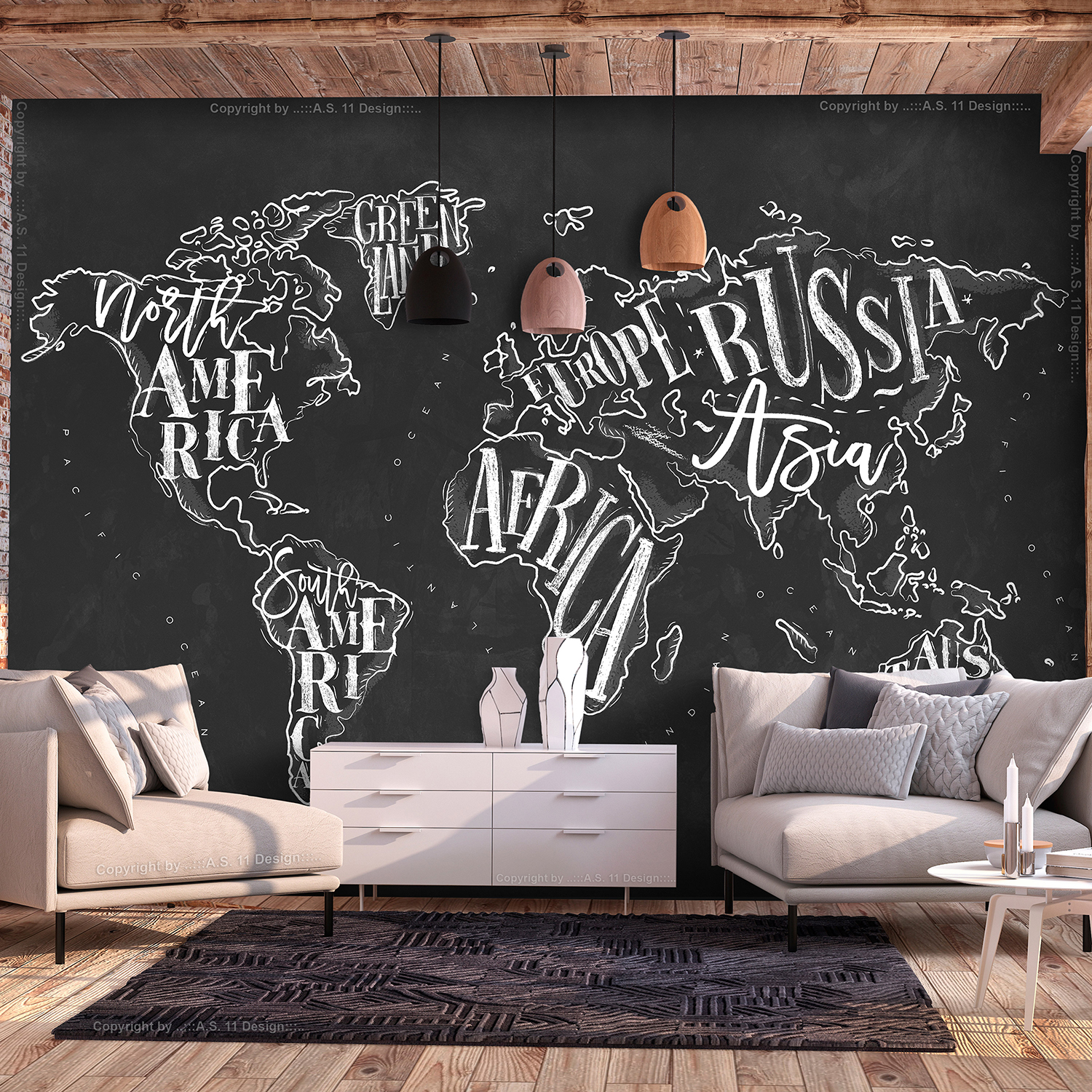 Fototapet - Retro Continents (Black) 300x210 300x210 cm