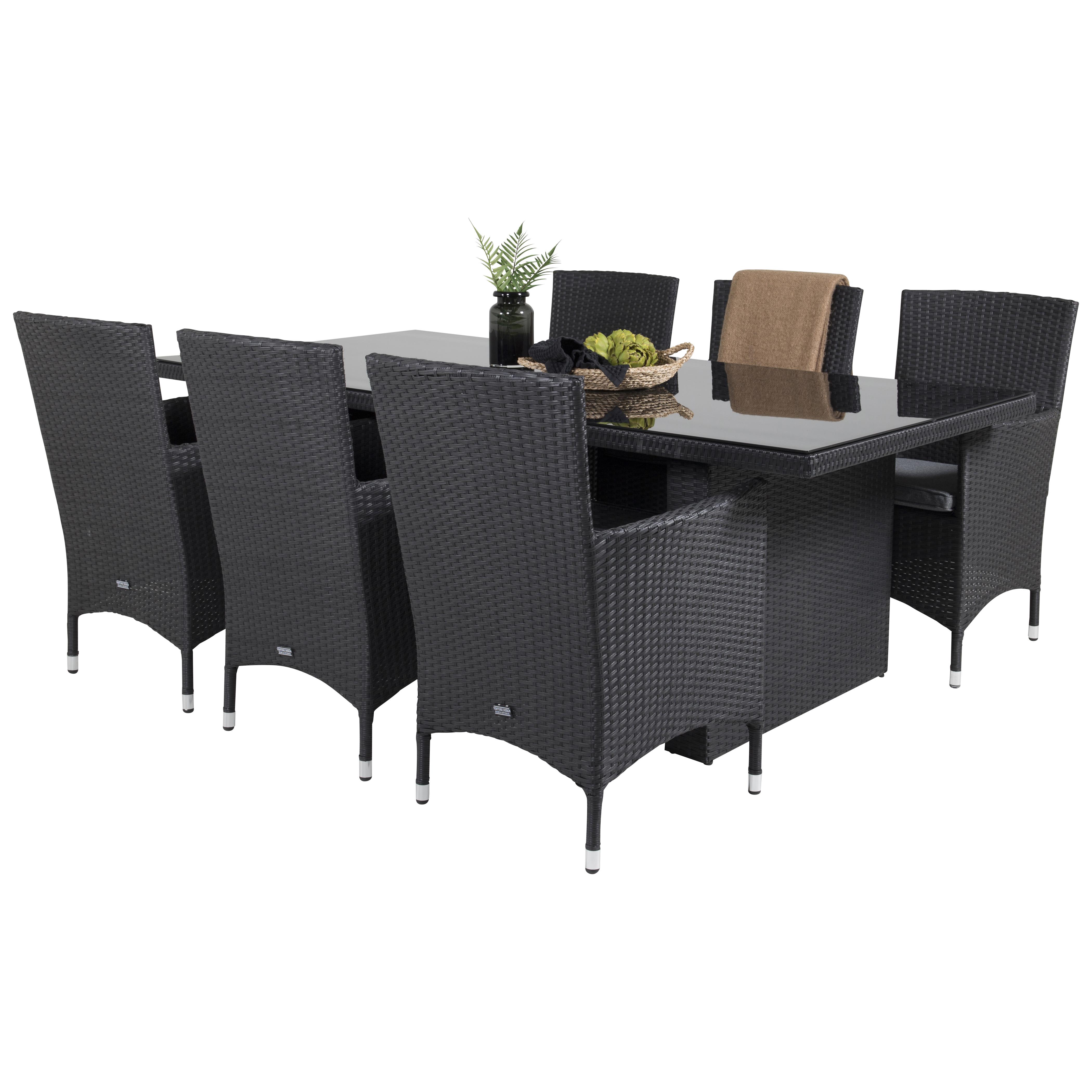 Padova Bord 200*100-Svart+Malinstol med dyba-Svart/Grå dyba6 Svart Bord, Svart Stol med Grå Dyna