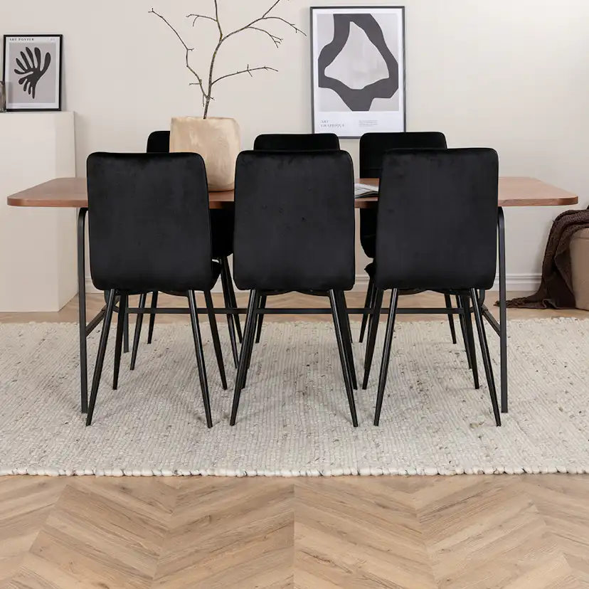 Uno Dining Table - Black / Walnut Veneer+Windu Lyx Chair - Sammet/Svart