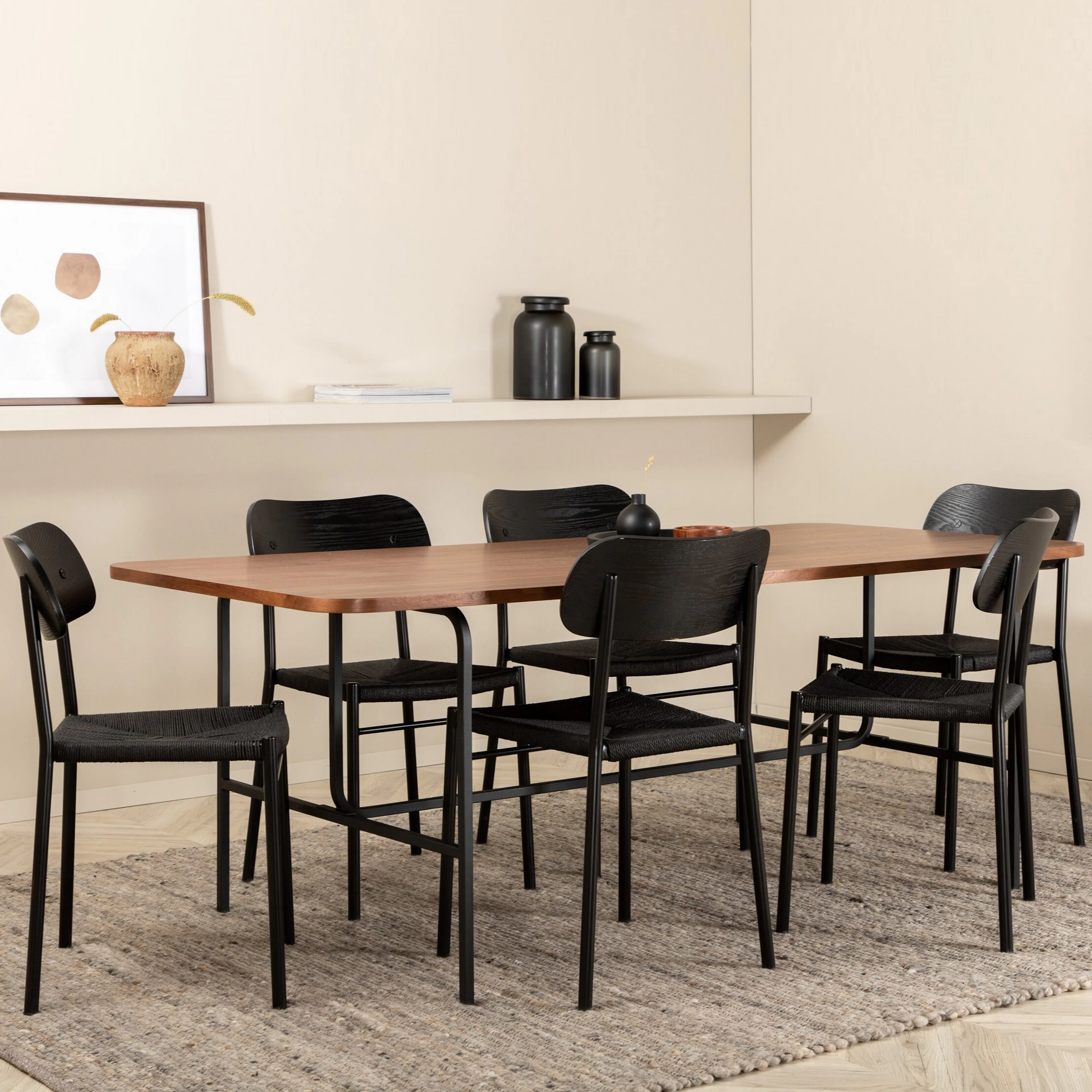 Uno Dining Table - Black / Walnut Veneer +Polly Dining Chair Svart/Valnöt