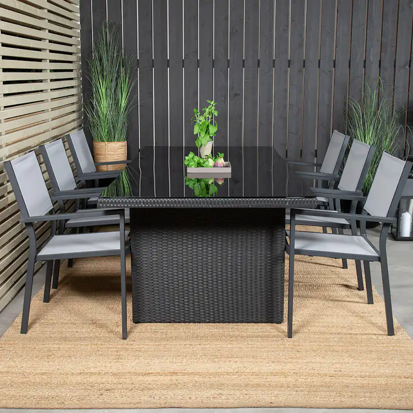 Padova bord 200*100Svart+Copacabana stolSvart Alu/GråTextil6 Svart/Grå