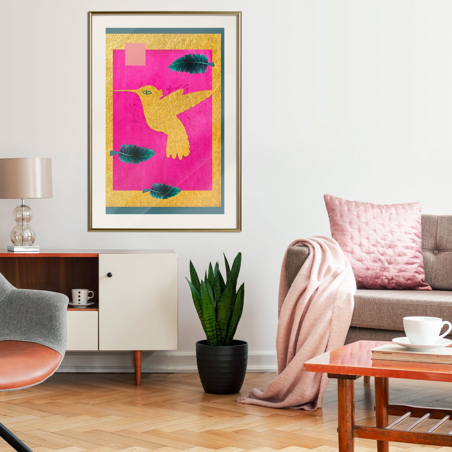 Affisch - Golden Hummingbird [Poster] 30x45 Guld ram med passepartout, 30x45 cm