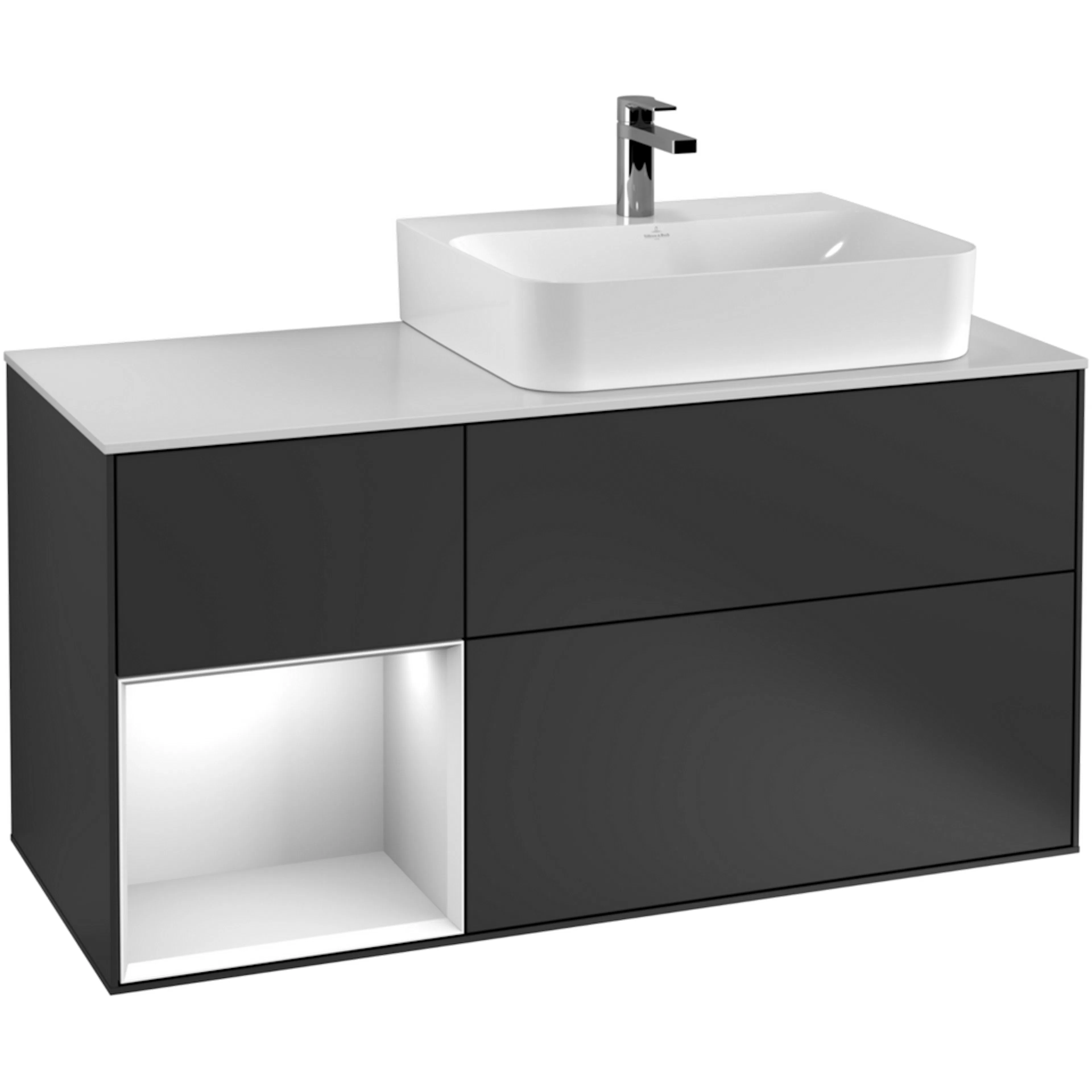 Tvättställsskåp Villeroy & Boch Finion G141GFGK Antracitgrå Mattlack/Vit Högblank med bänkskiva i Mattvitt glas med Väggbelysning, Lucka Vänster