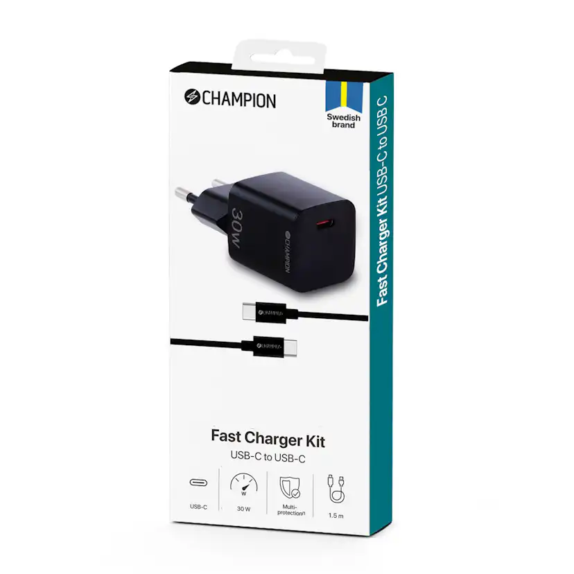 Laddare Champion 30W + USB-C Kabel Svart