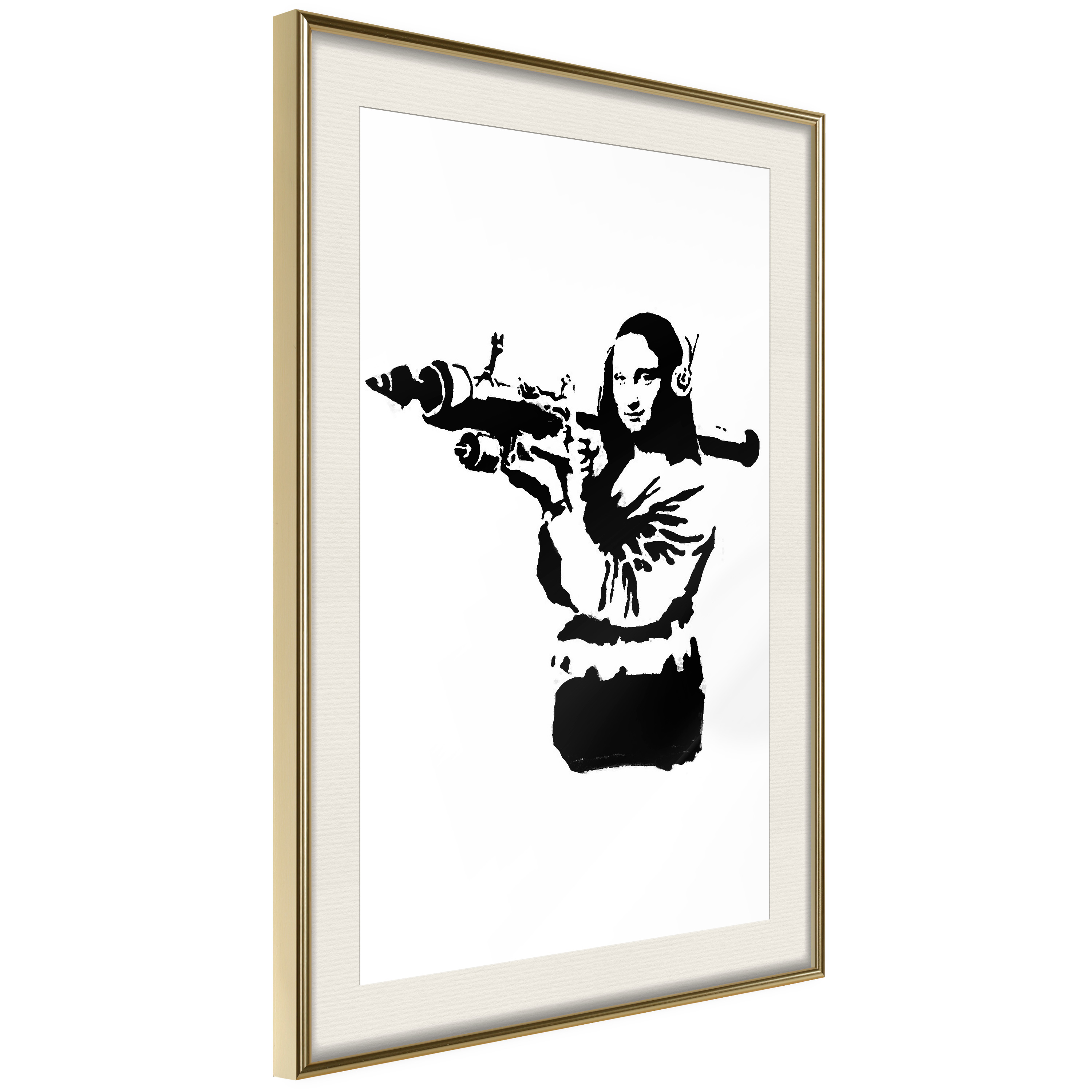 Affisch - Banksy Mona Lisa with Rocket Launcher [Poster] 20x Guld ram med passepartout, 20x30 cm