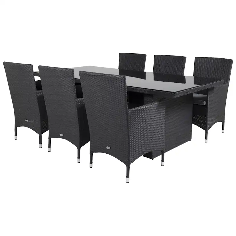 Padova Bord 200*100-Svart+Malinstol med dyba-Svart/Grå dyba6 Svart Bord, Svart Stol med Grå Dyna