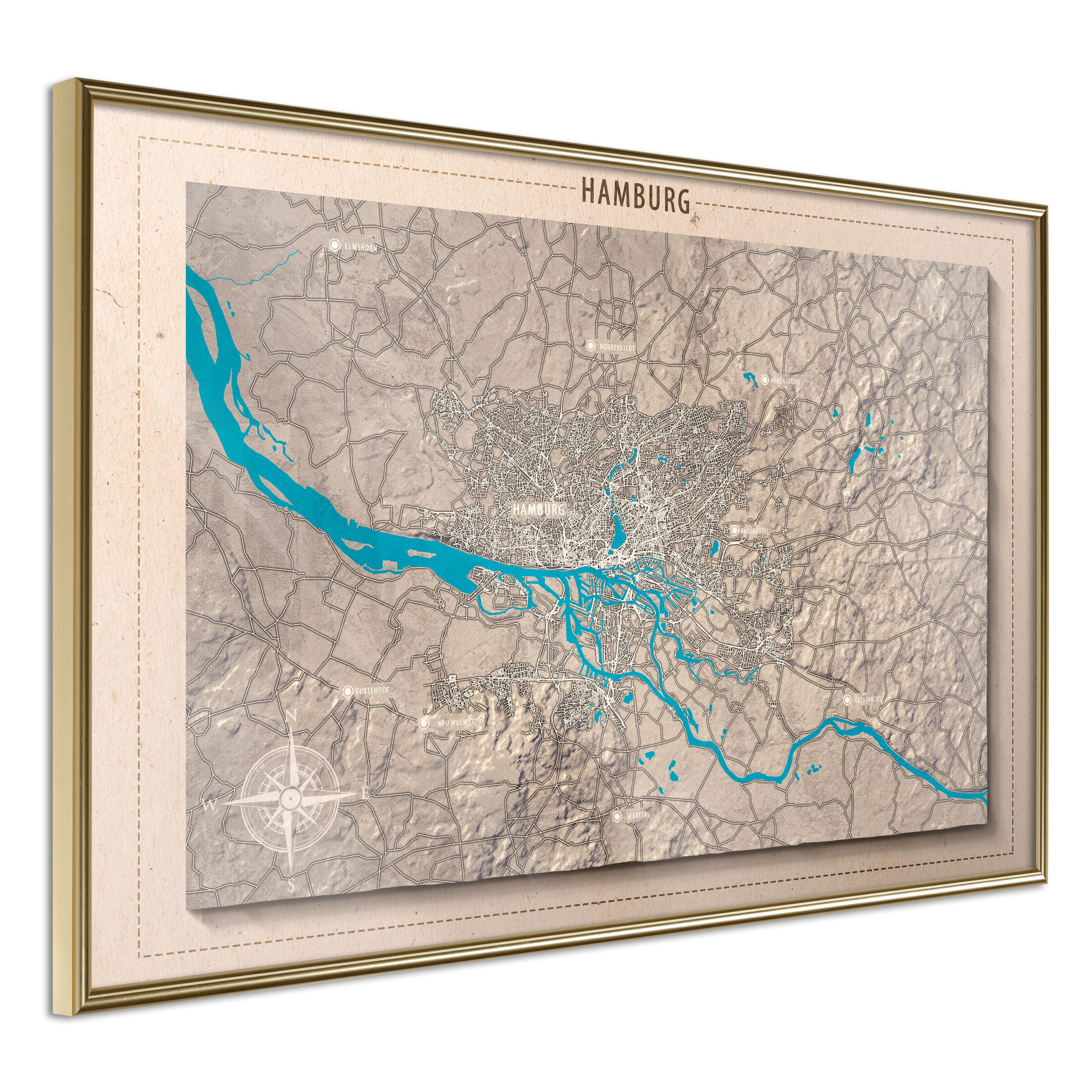 Affisch - Isometric Map: Hamburg [Poster] 30x20 Guld ram, 30x20 cm