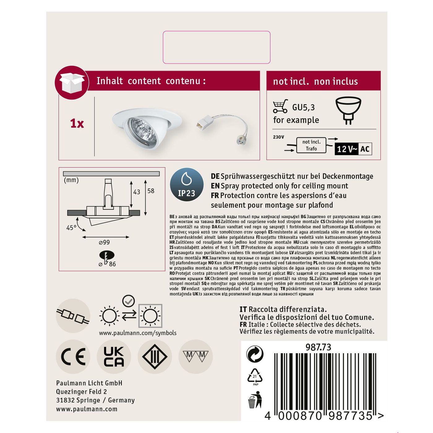 Downlight Paulmann Vinklingsbar GU5.3