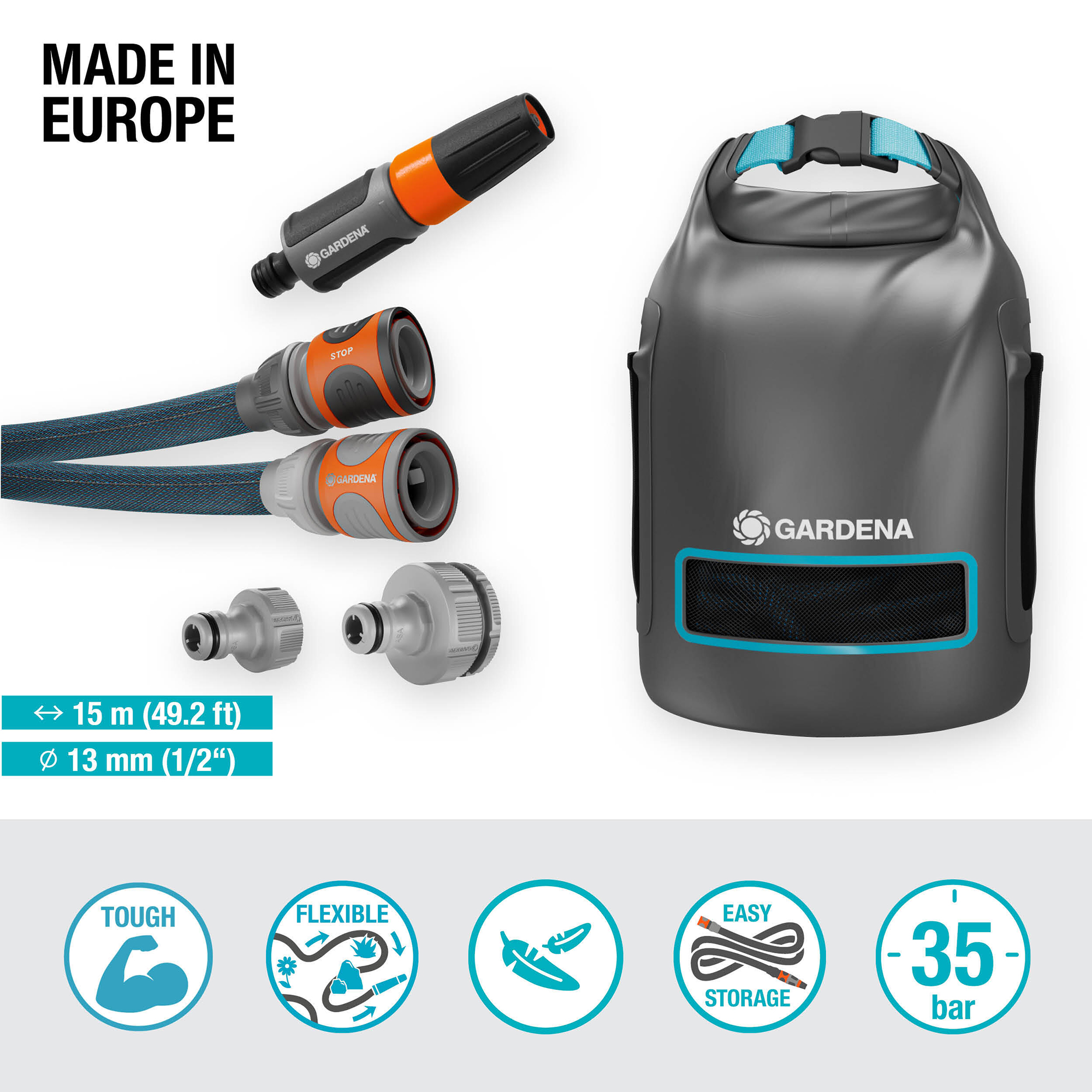 Textilslang Liano™ Xtreme 15 m Set med strålmunstycke och förvaringsväska