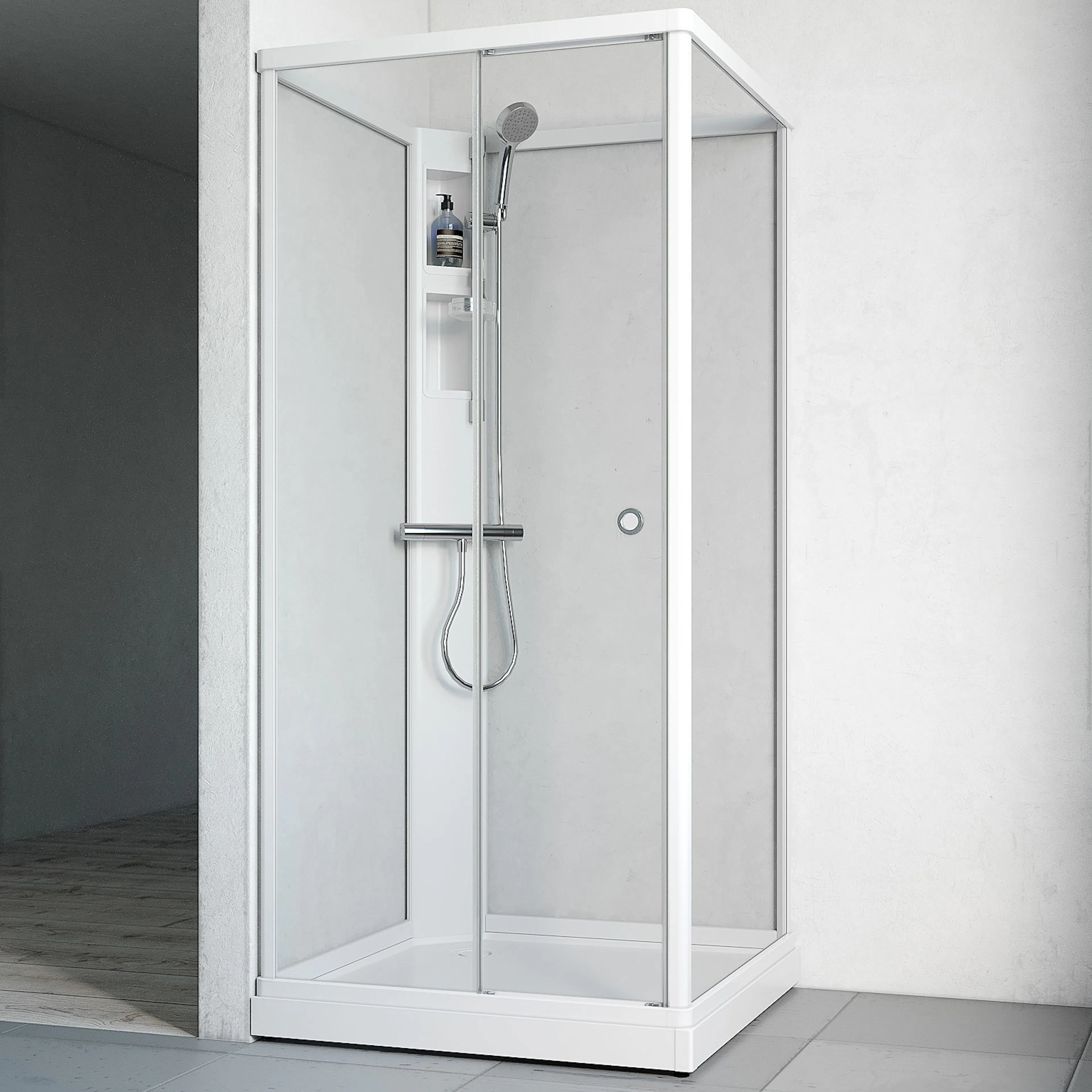 Flow kab Front InkBl 9x9 V KL 910x910 mm, Vit Profil, Klarglas