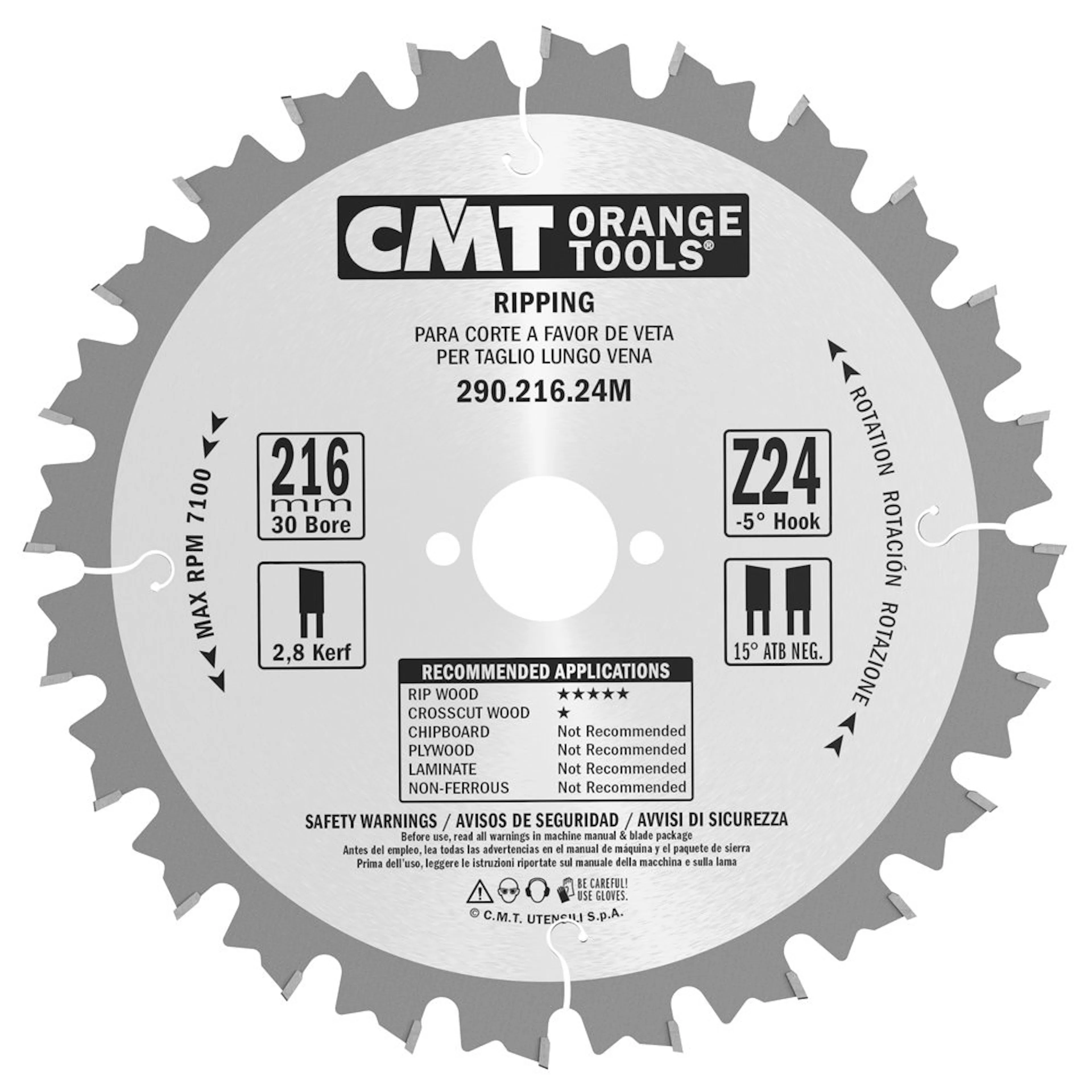 Sågklinga CMT Orange Tools Klyvning 216x2,8x30 T24 W NEG