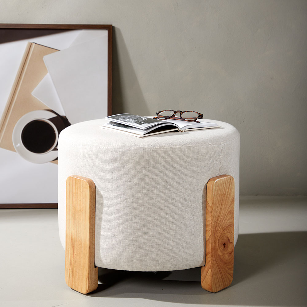 Coffey Ottoman/Pouf - Woodlook / Linen Linen fabric Beige