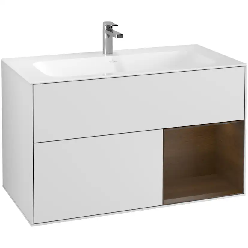 Tvättställsskåp Villeroy & Boch Finion G040GNMT Vit Mattlack/Valnötsfanér med Väggbelysning, Lucka Höger