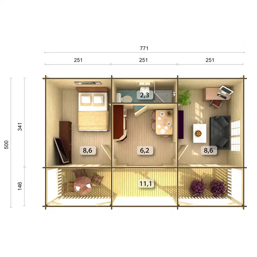 Fritidshus Palmako Sandra 38,6 m² Komplett Stuga med Altan & Sadeltak