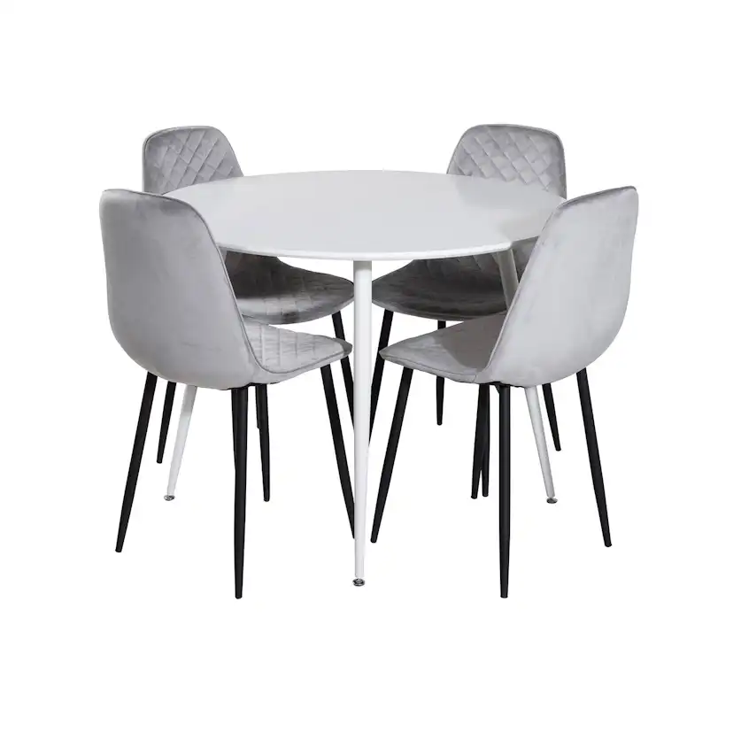 Plaza Round Table-White top/Polar Diamond Chair-gråVelvet_4 Vit/Grå/Svart