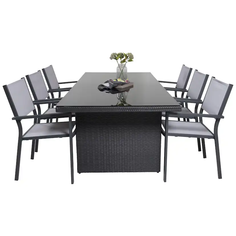 Padova bord 200*100Svart+Copacabana stolSvart Alu/GråTextil6 Svart/Grå