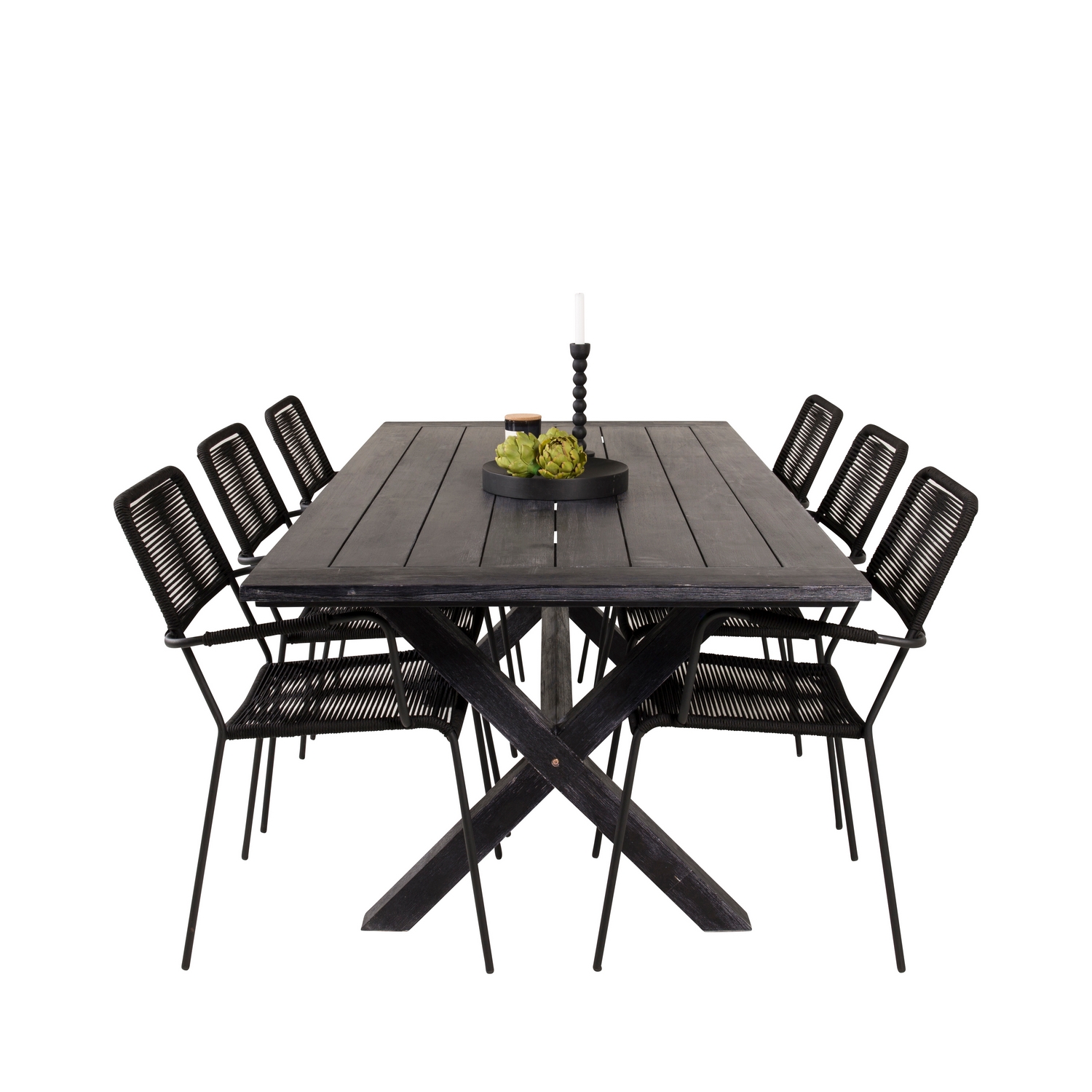 Rives Dining Table 200*100cm - Black Acacia+Lindos Armchair Svart/Svart