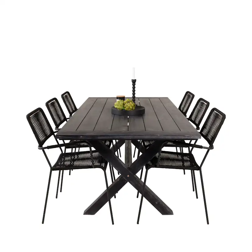 Rives Dining Table 200*100cm - Black Acacia+Lindos Armchair Svart/Svart