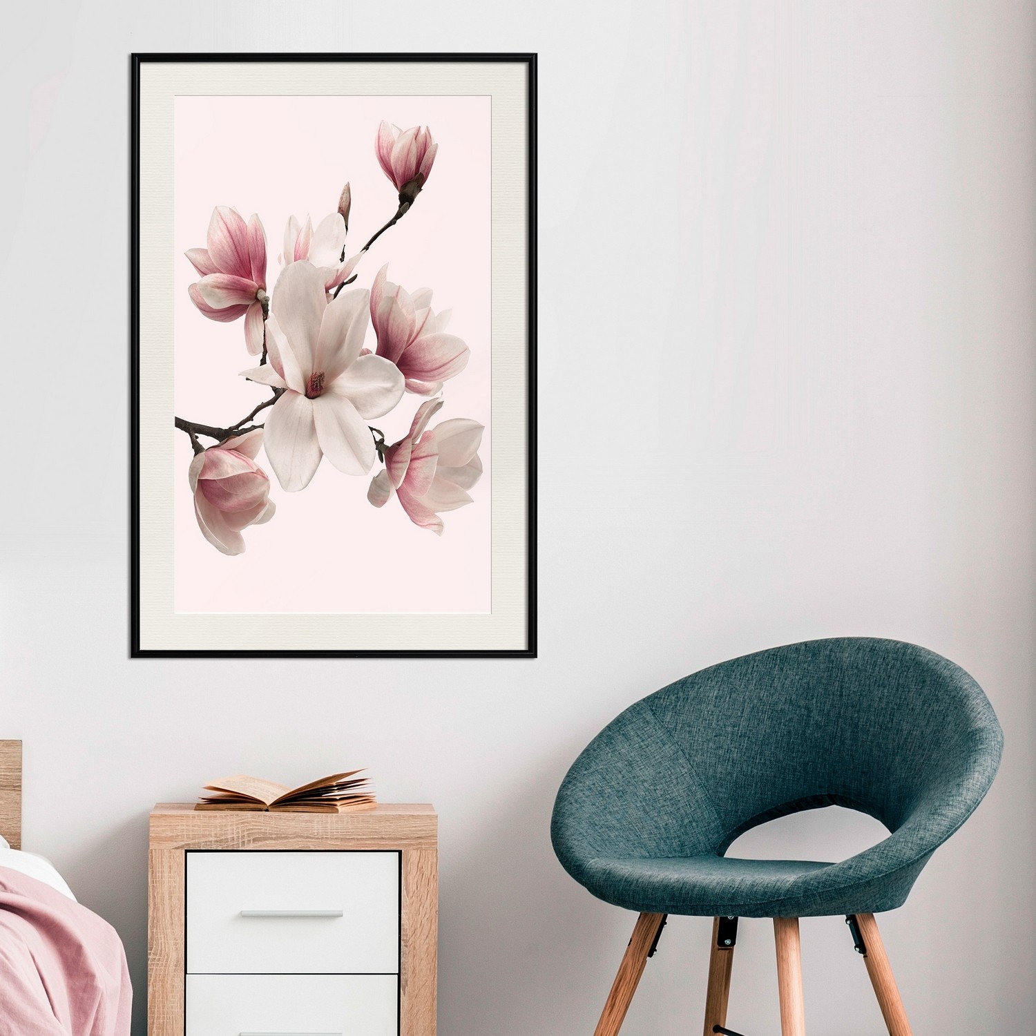 Affisch - Delicate Magnolias [Poster] 30x45 Svart ram med passepartout, 30x45 cm