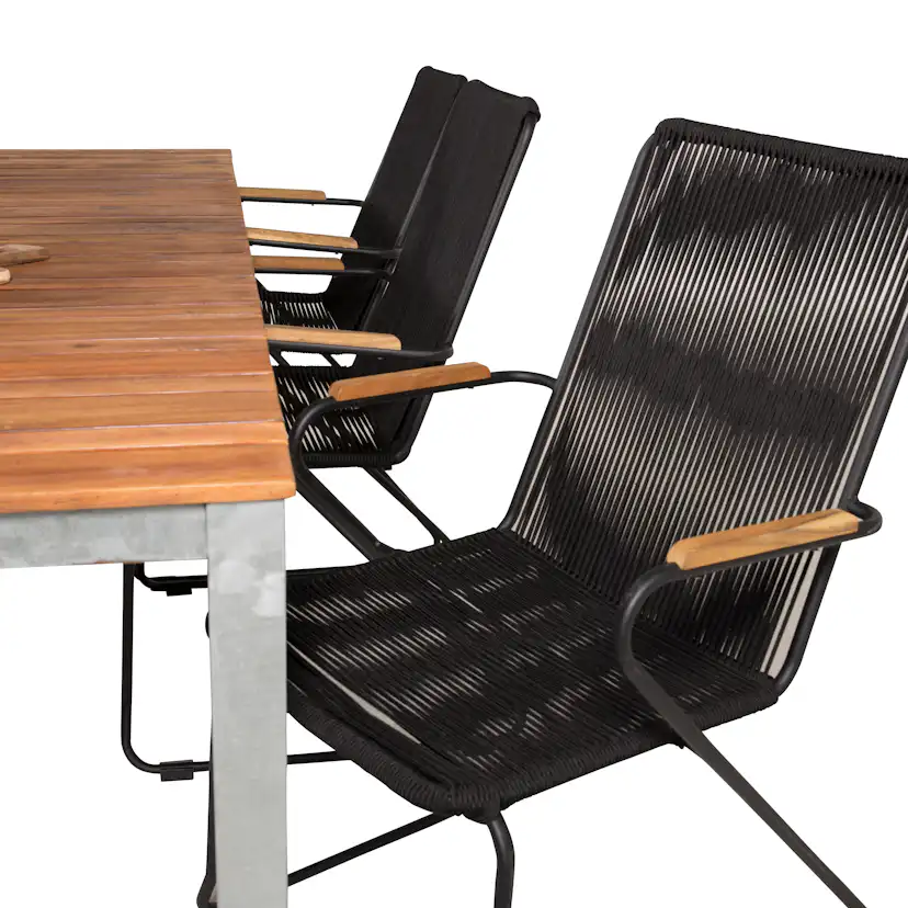 Zenia Bord200*100-Acacia/Zink+Bois stol-svartt rep/Acacia6 Akacia Bord med Zinkbehandlad Stomme, Svart Stol med Svart Stomme