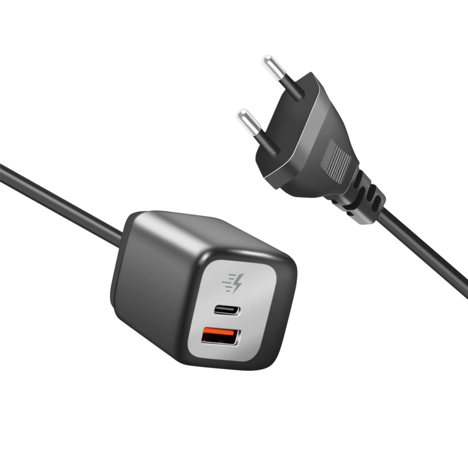 USB-laddare LogiLink 1xUSB-A + 1xUSB-C Med Fast Kabel 1,5m GaN 30W