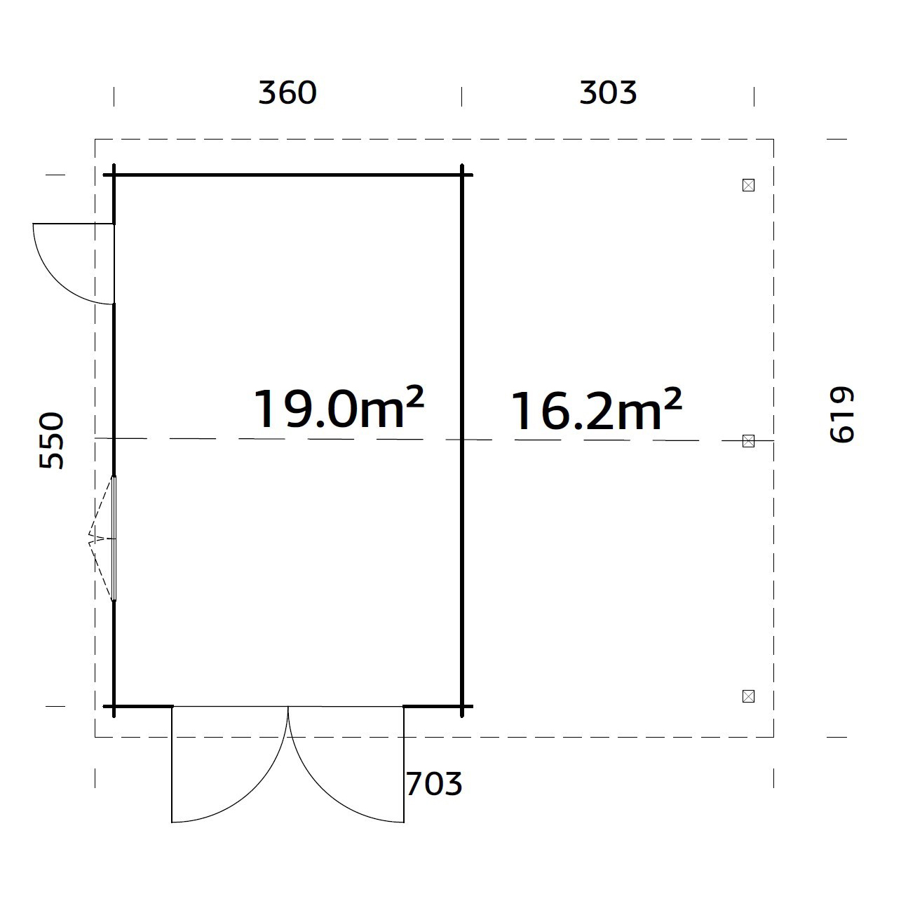 Roger 19,0+16,2 m2 with wooden gate PNT7012W2 Målad grå RAL7012 + vit RAL9016