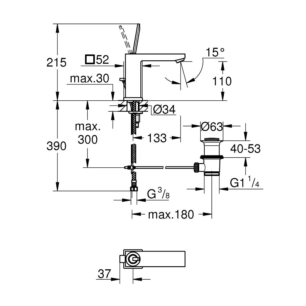 Tvättställsblandare Grohe Eurocube Joy 23657 med Lyftventil