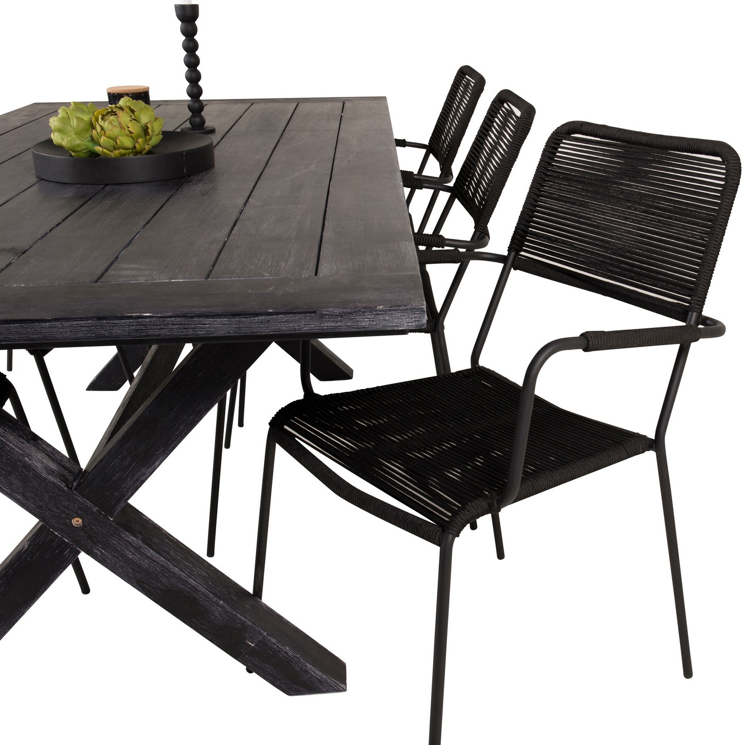 Rives Dining Table 200*100cm - Black Acacia+Lindos Armchair Svart/Svart