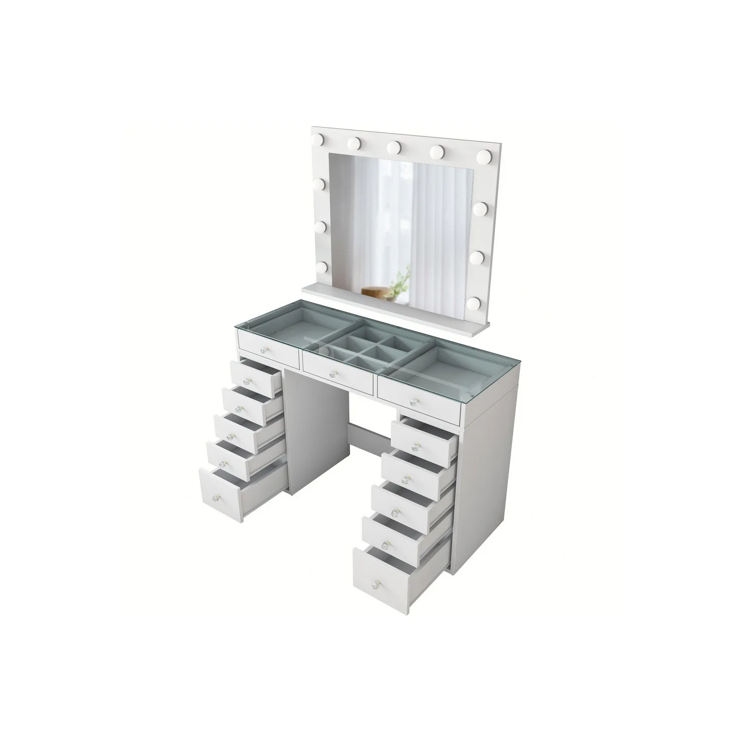 Sminkbord Scandinavian Choice Ramender Komplett med Sminkspegel, förvaring & Bordsskiva i Glas 120cm