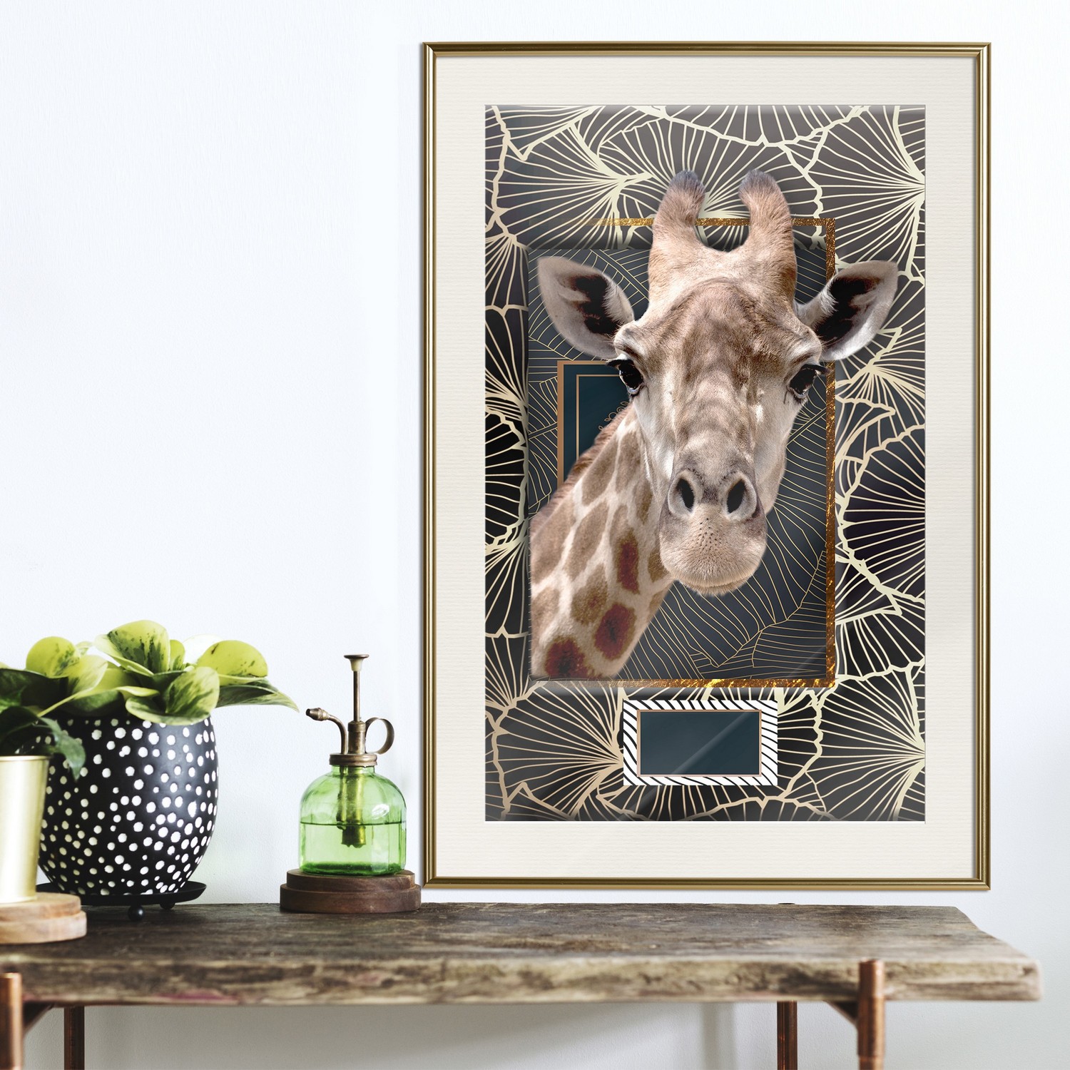 Affisch - Giraffe [Poster] 40x60 Guld ram med passepartout, 40x60 cm