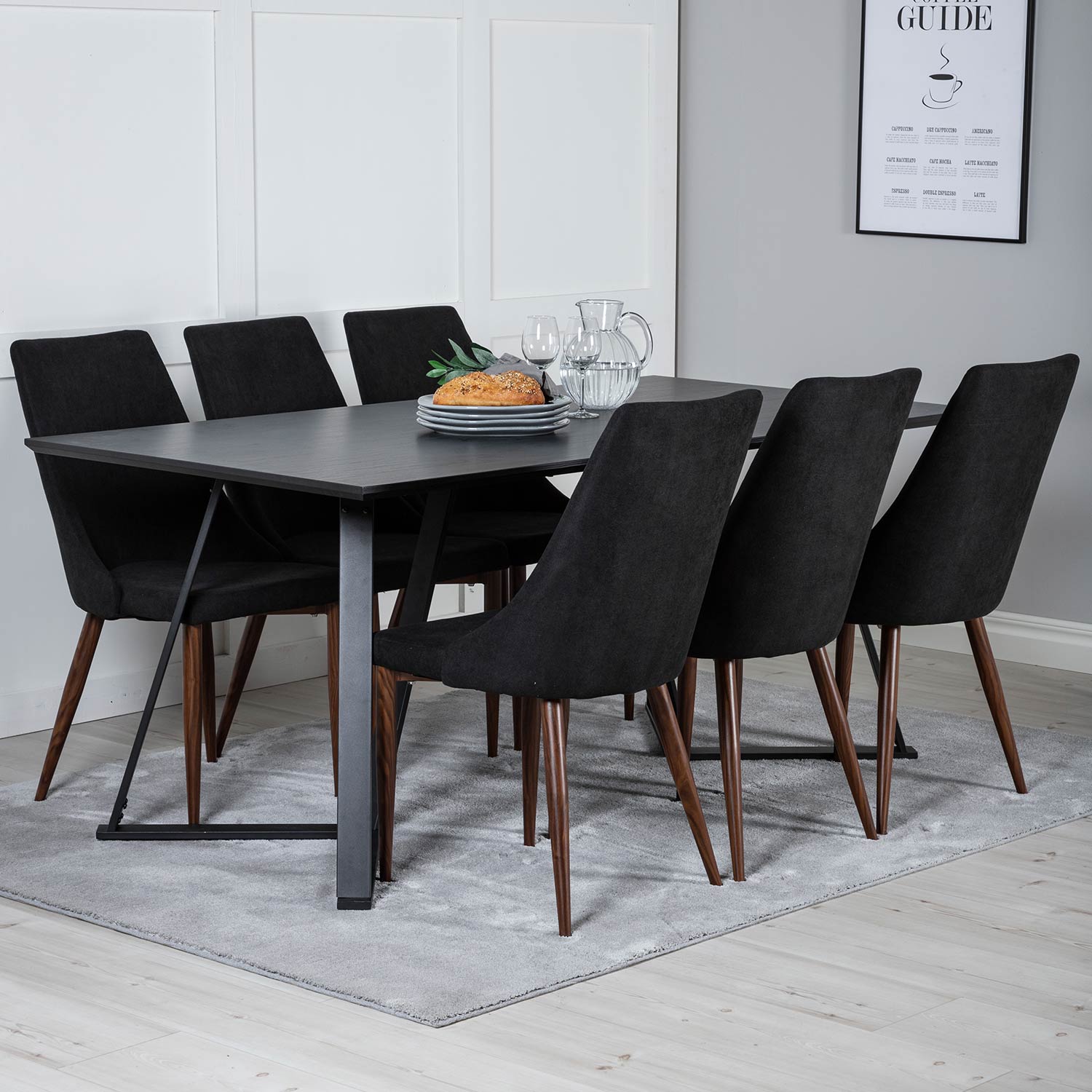 Marina Table - Black top /Leone Chair - Black Fabric_6 Svart/Svart/Valnöt