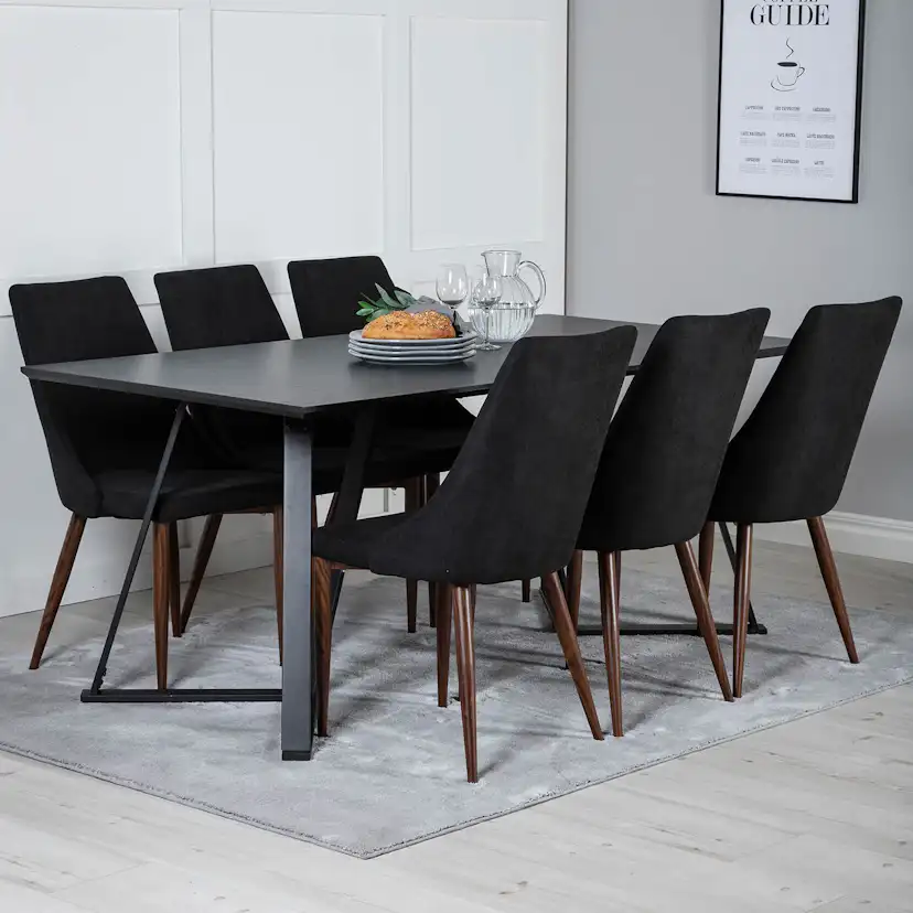 Marina Table - Black top /Leone Chair - Black Fabric_6 Svart/Svart/Valnöt
