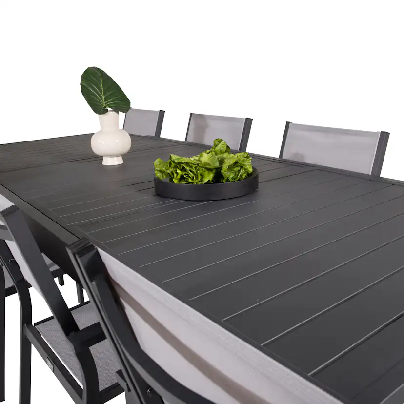Marbella Bord160/240*100*H75-svart+Copacabanastol-svart/Grå8 Svart Bord, Grå stol med Svarta Ben