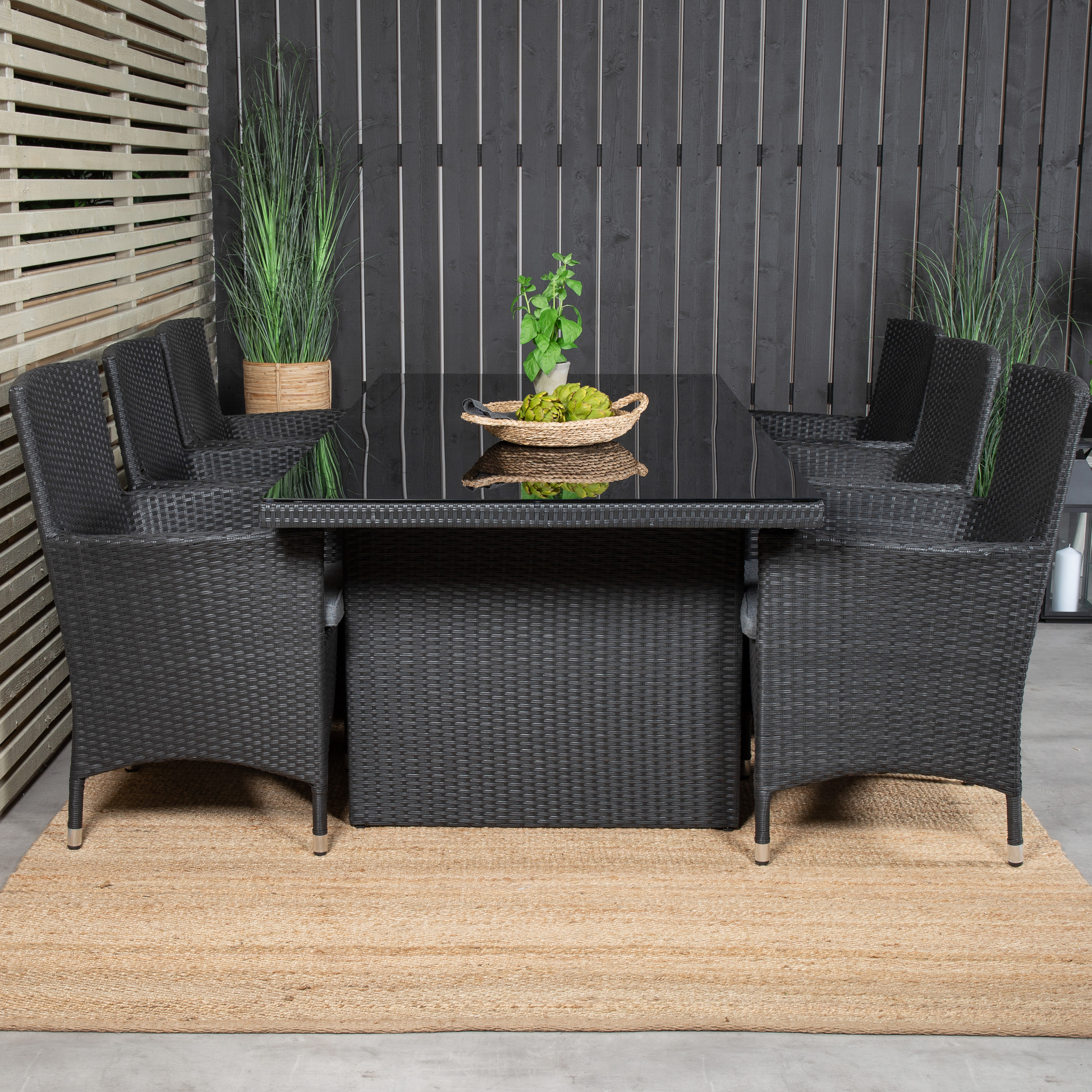 Padova Bord 200*100-Svart+Malinstol med dyba-Svart/Grå dyba6 Svart Bord, Svart Stol med Grå Dyna