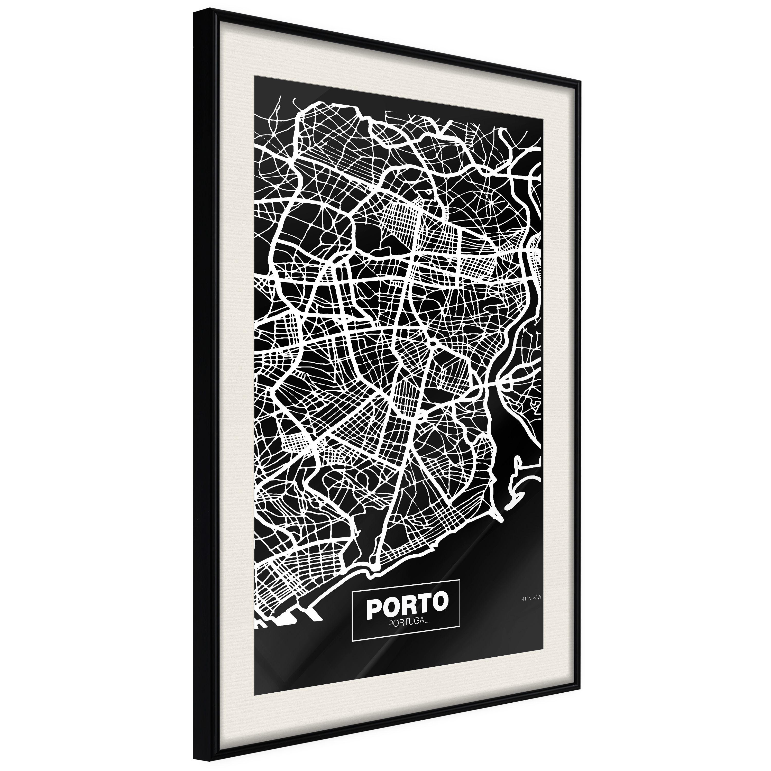 Affisch - Negative Map: Porto [Poster] 20x30 Svart ram med passepartout, 20x30 cm
