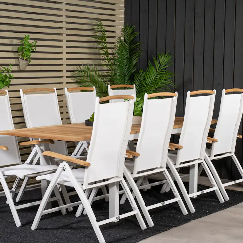 Panama Bord160/240*90-vit/Teak+Panama stol5:pos-vit/vitTeak8 Teak Bord med Vita Ben, Vit Stol