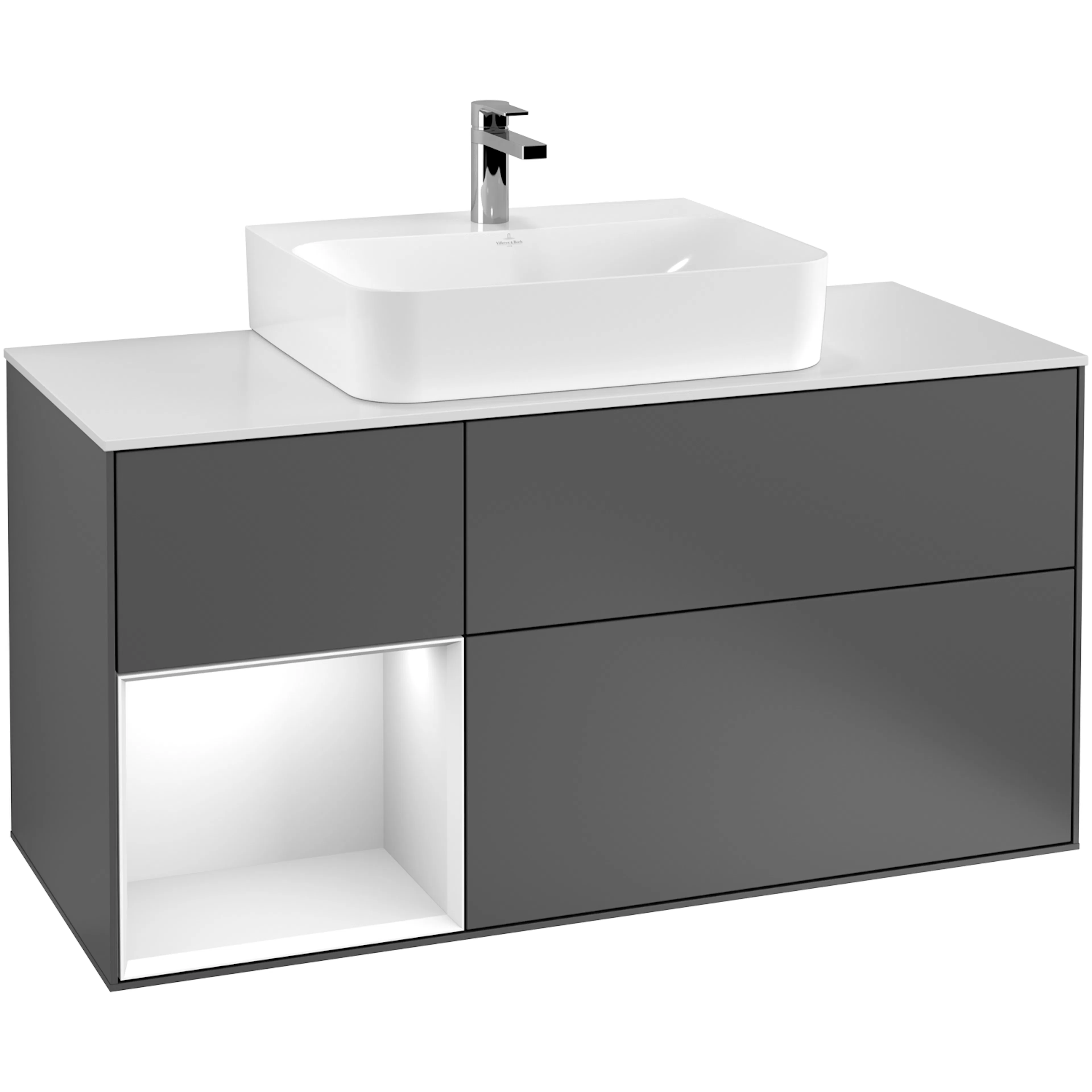 Tvättställsskåp Villeroy & Boch Finion F161GFGK Antracitgrå Mattlack/Vit Högblank med bänkskiva i Mattvitt glas, Lucka Vänster