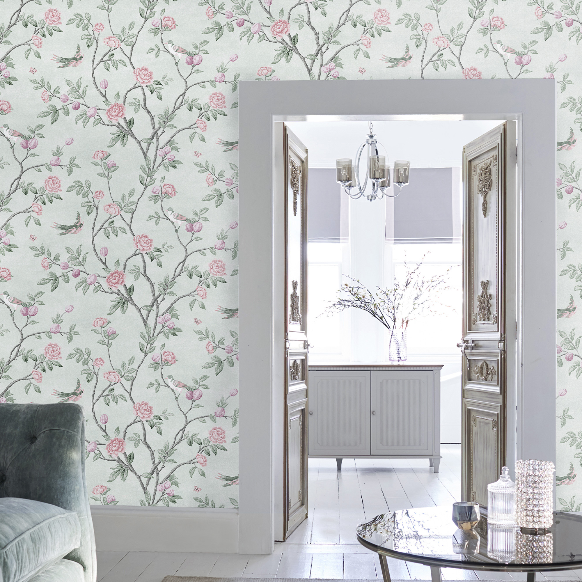 Tapet Laura Ashley Eglantine Eau de Nil 113371 EasyUp, Mönstrad Flerfärgad