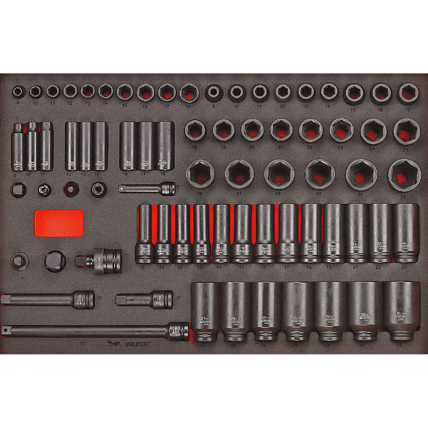 Krafthylssats 73 delar med 3/8 tum och 1/2 tumfyrkantsfäste Teng Tools TTEISK73