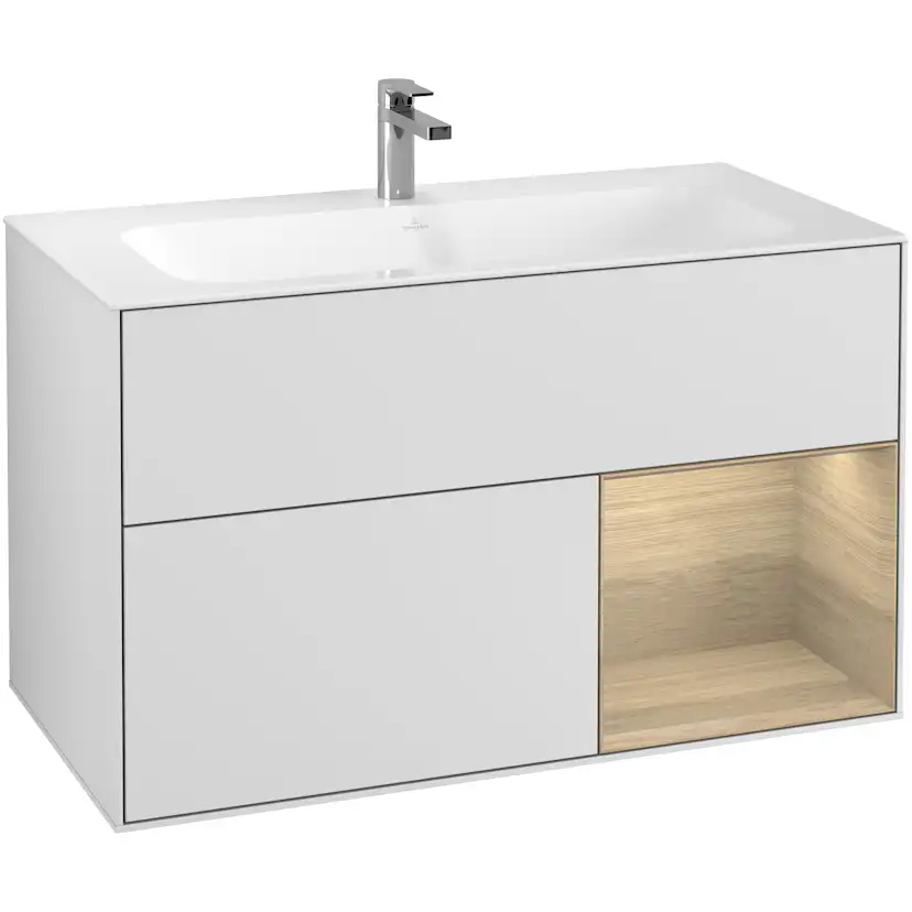 Tvättställsskåp Villeroy & Boch Finion F040PCMT Vit Mattlack/Ekfanér, Lucka Höger