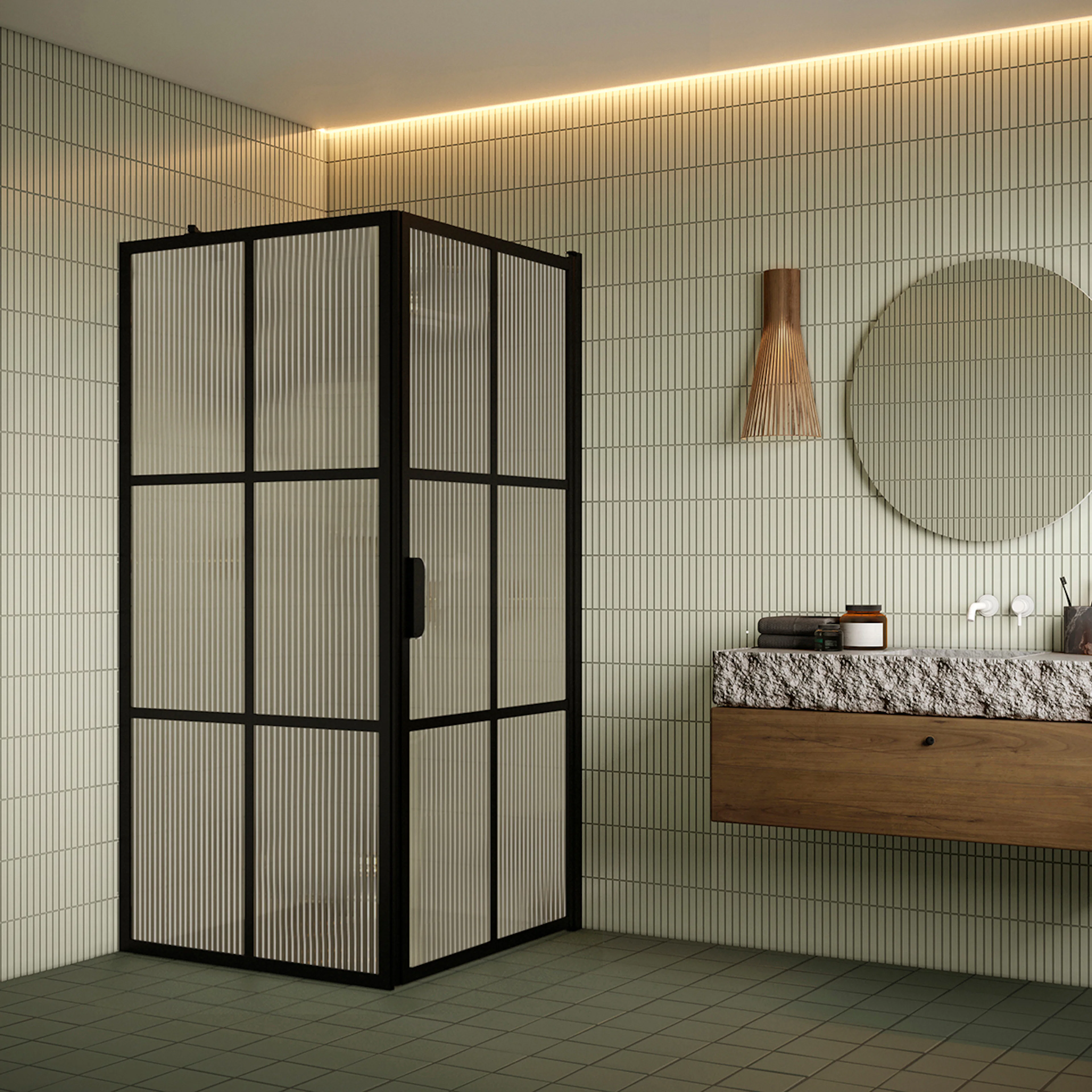 Bläk 765 Paris duschhörn svart/reed 819x917 819 Fast Vägg (L1) x 917 Vändbar Dörr (L2) mm, Reeded, Svarta Profiler