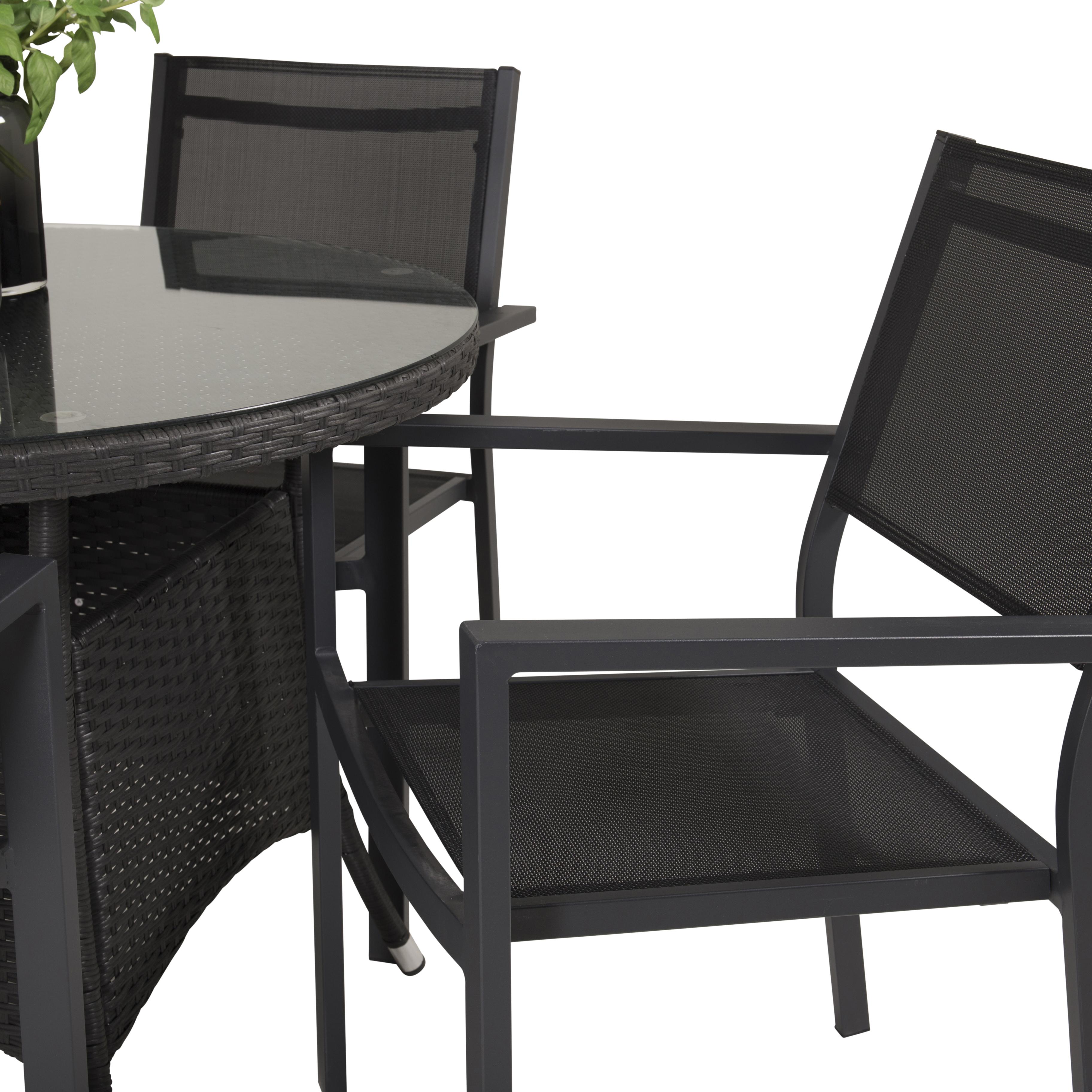 Volta bord-Svart-ø90+Copacabana stol-Svart Alu/Svart Textil4 Svart Bord, Svart Stol