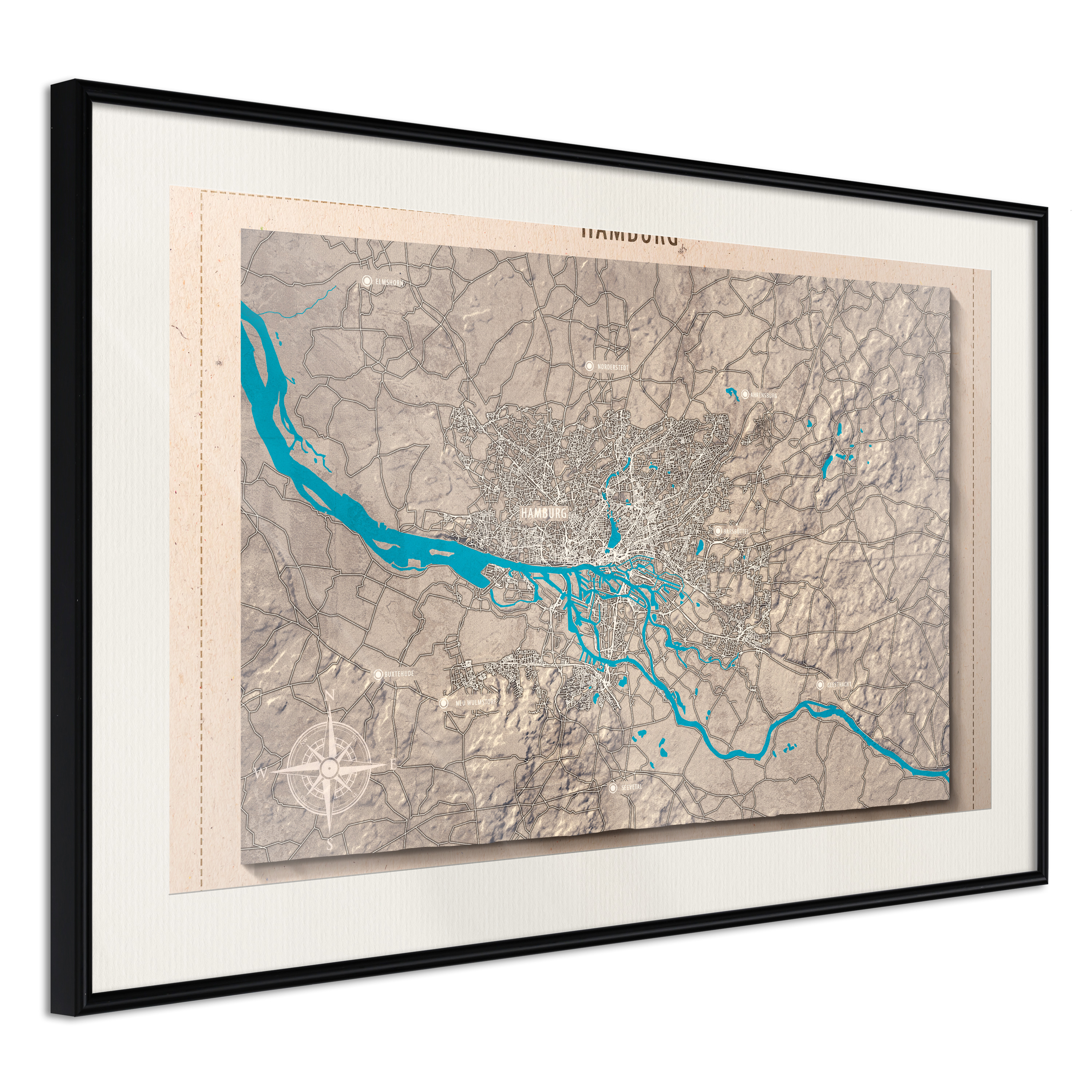 Affisch - Isometric Map: Hamburg [Poster] 45x30 Svart ram med passepartout, 45x30 cm