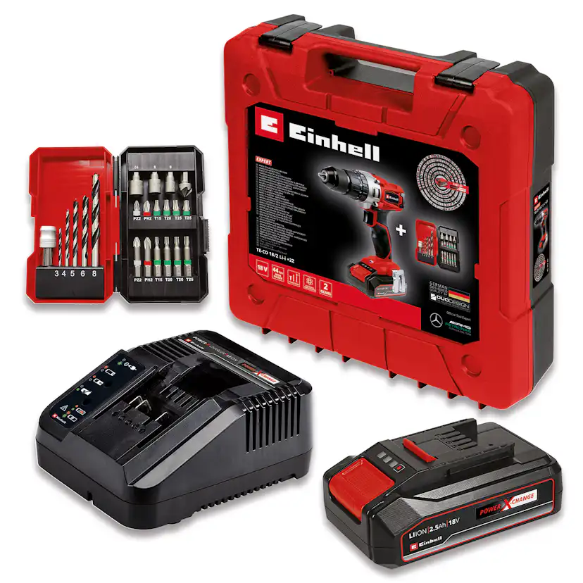 Slagborrmaskinskit Einhell TE-CD 18/2 Li-i med 1x2,5 Ah Batteri och 22 delars Bit- och Borrset