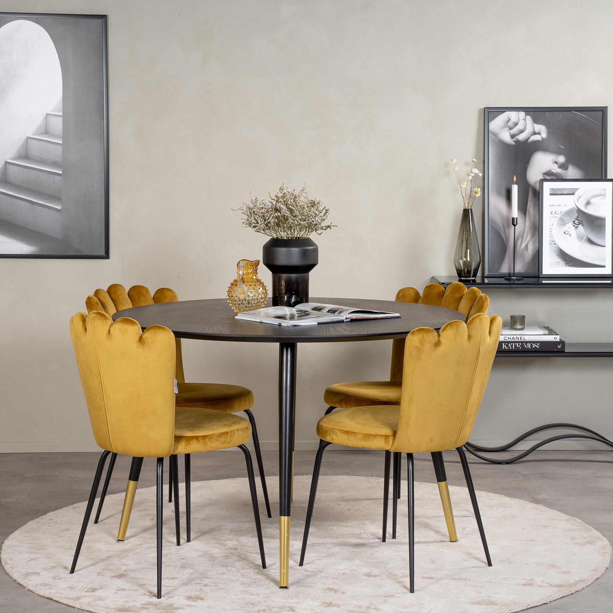 Dipp Dining Table - 115cm - Black Veneer / black legs w bras Guld