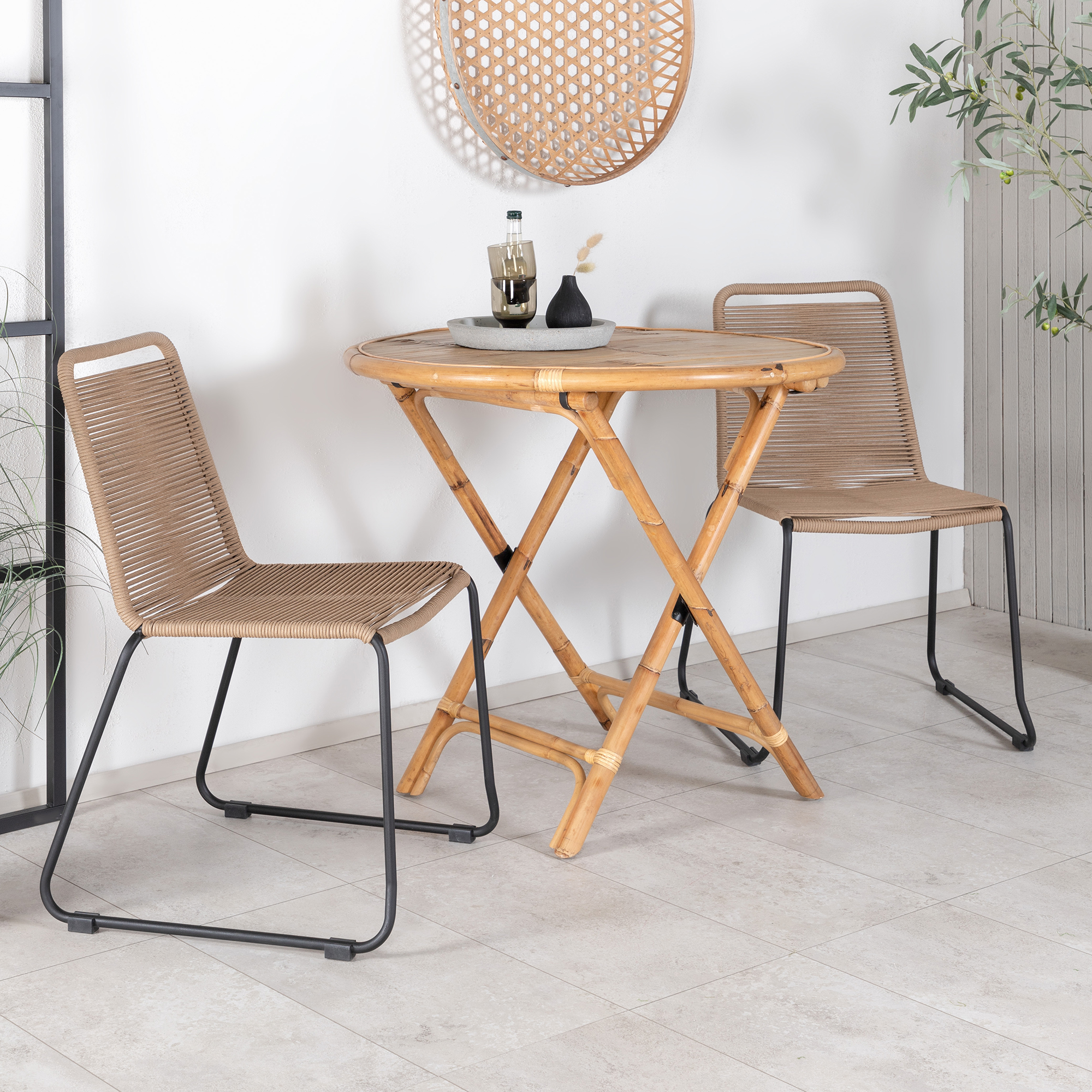Cane Café table ø90cm - Bamboo+Lindos Stacking Chair - Black Latte