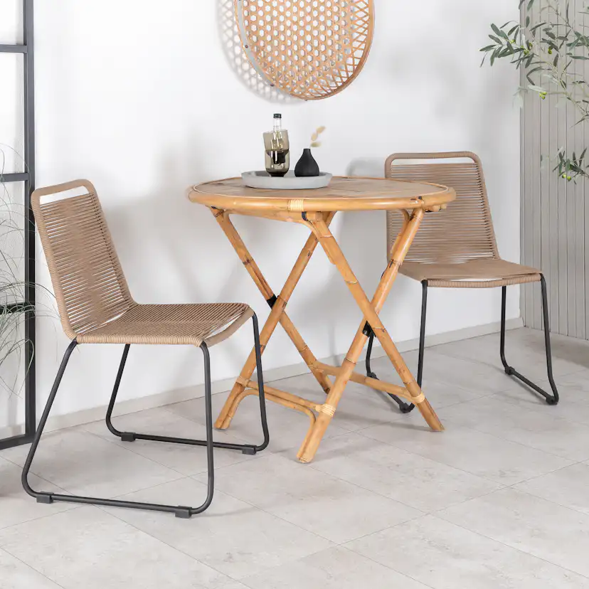 Cane Café table ø90cm - Bamboo+Lindos Stacking Chair - Black Latte