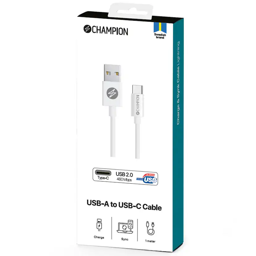 USB-A Champion till USB-C Kabel 1m Vit