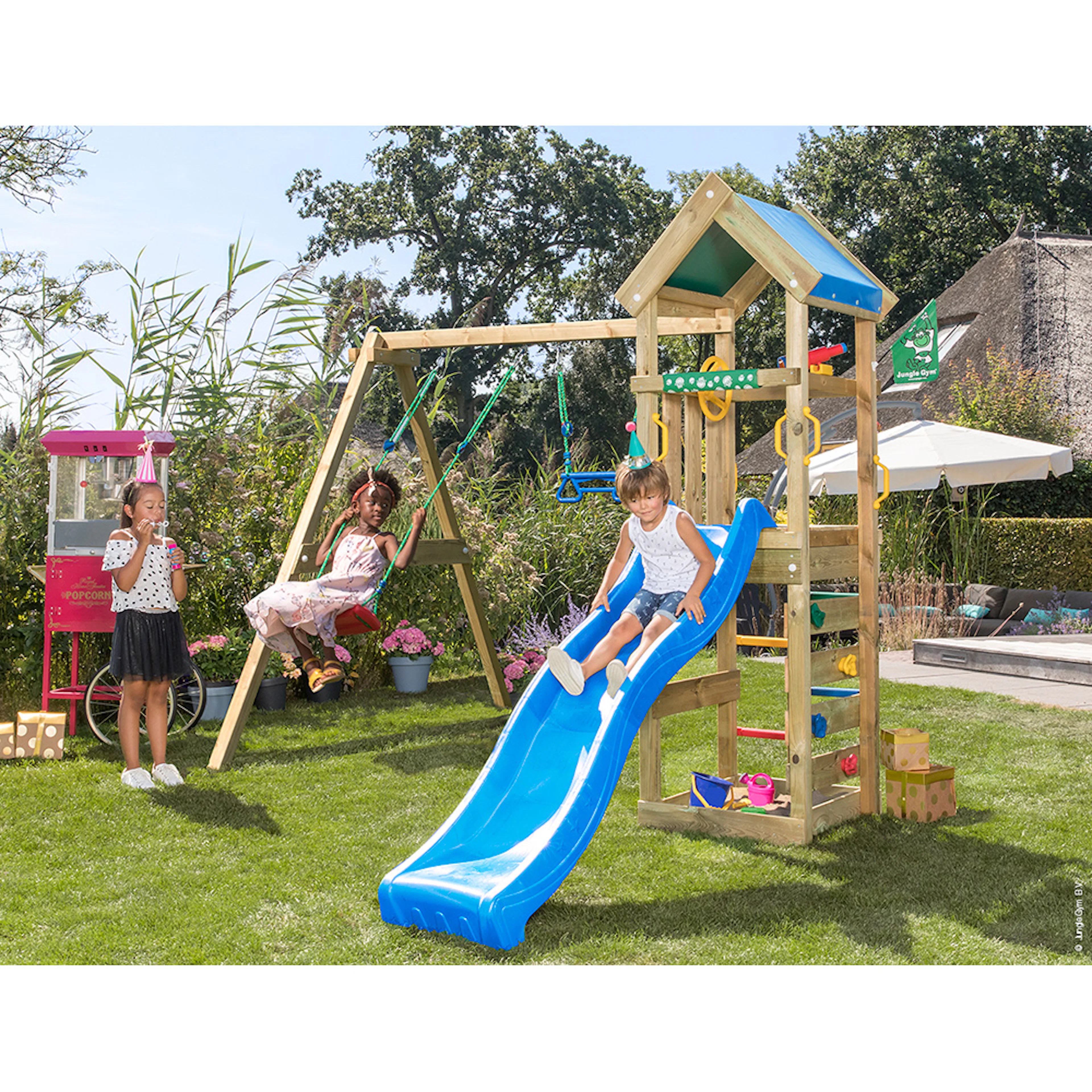 Gungställning Jungle Gym Patio Med 2 Gungor & Blå Rutschkana