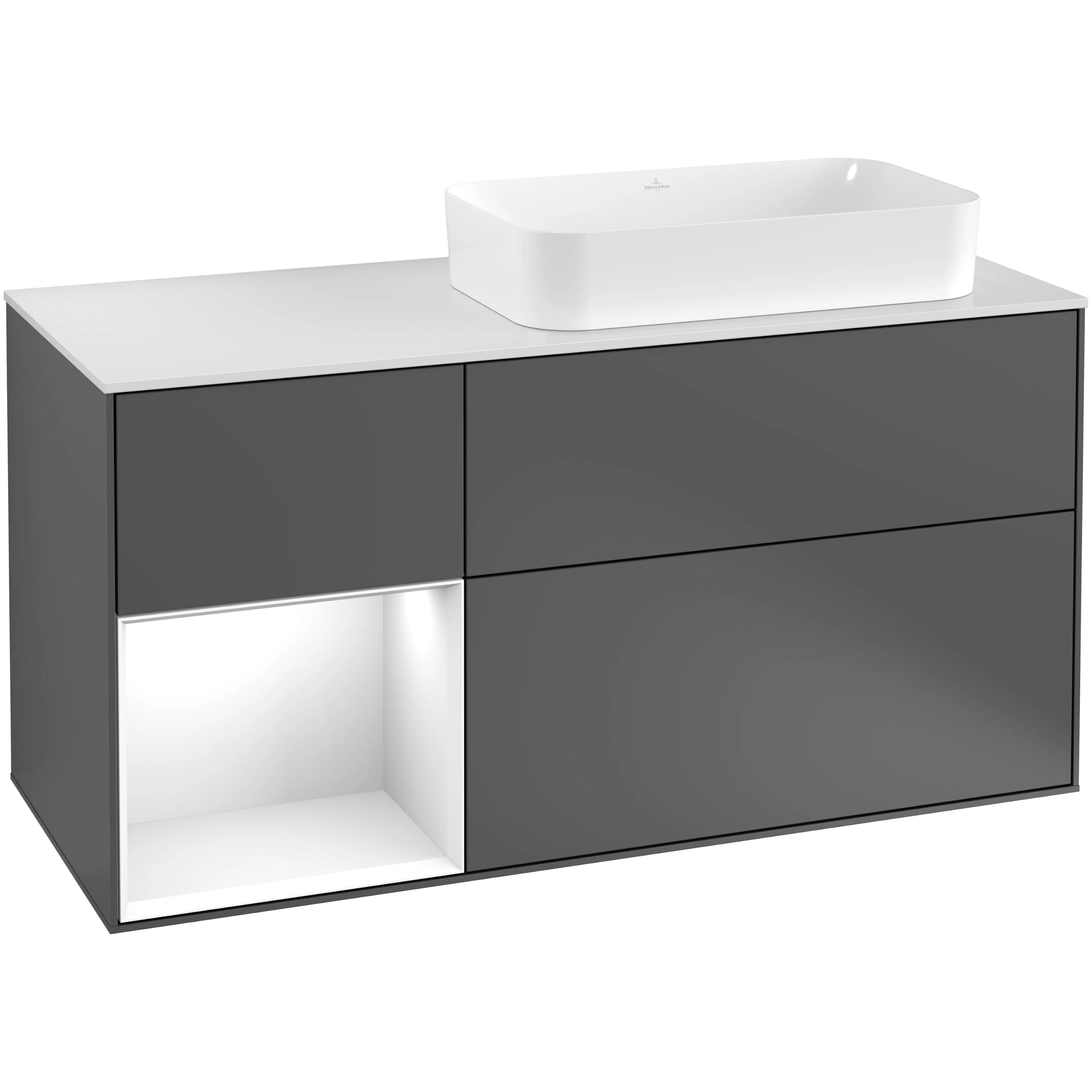 Tvättställsskåp Villeroy & Boch Finion G271GFGK Antracitgrå Mattlack/Vit Högblank med bänkskiva i Mattvitt glas med Väggbelysning, Lucka Vänster med Blandarhål